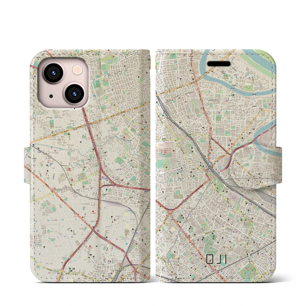 【王子(東京都)】地図柄iPhoneケース(手帳タイプ)ナチュラル・iPhone 13 mini 用