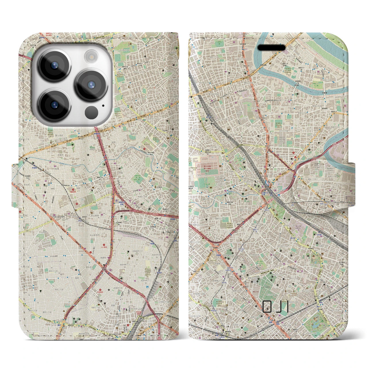 【王子(東京都)】地図柄iPhoneケース(手帳タイプ)ナチュラル・iPhone 14 Pro 用