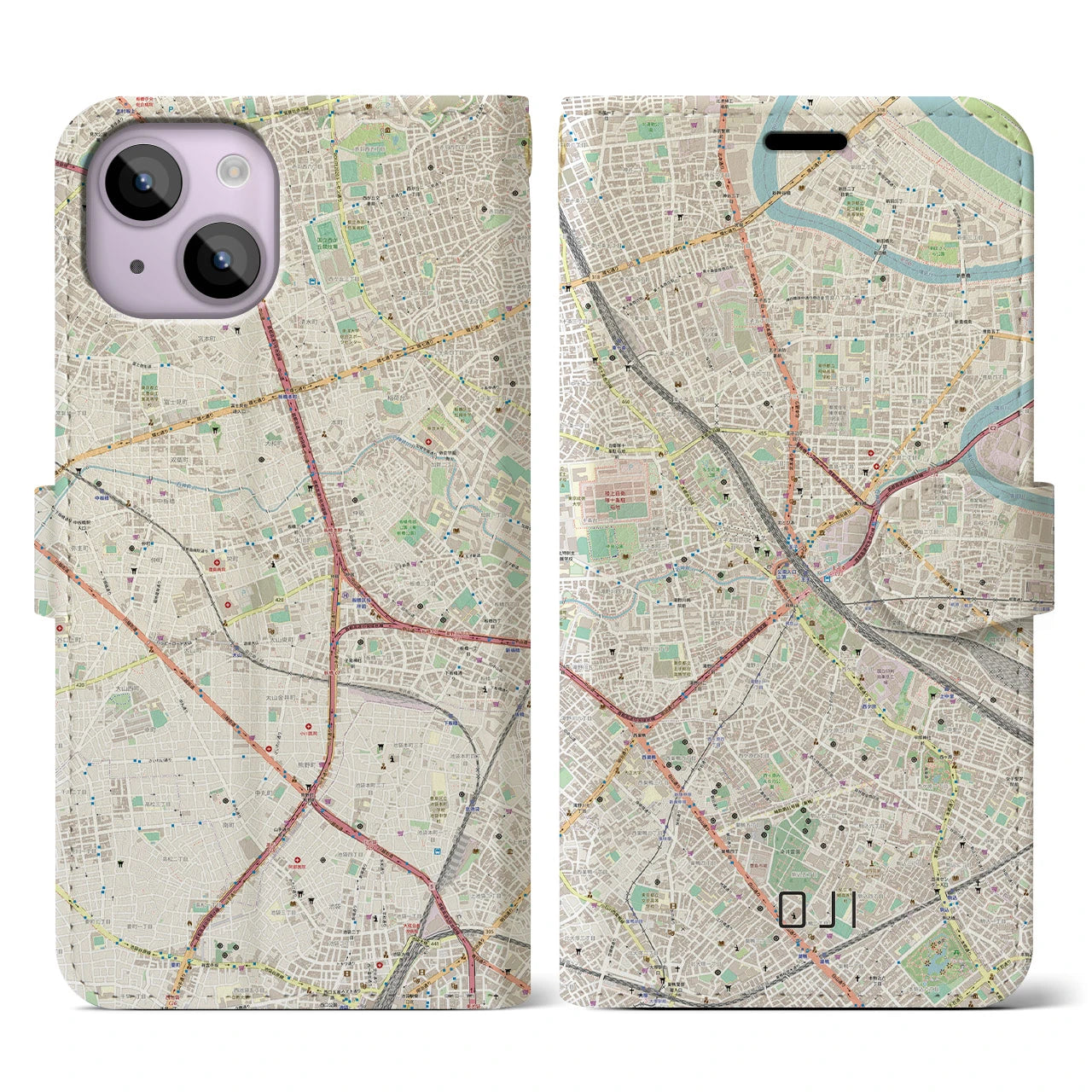 【王子(東京都)】地図柄iPhoneケース(手帳タイプ)ナチュラル・iPhone 14 用