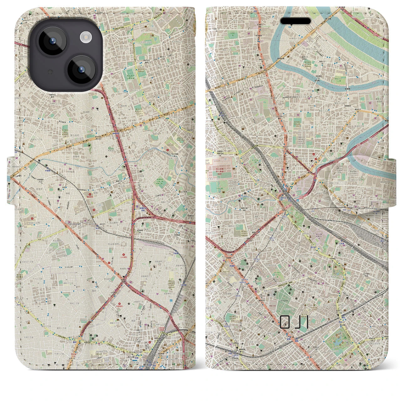【王子(東京都)】地図柄iPhoneケース(手帳タイプ)ナチュラル・iPhone 14 Plus 用