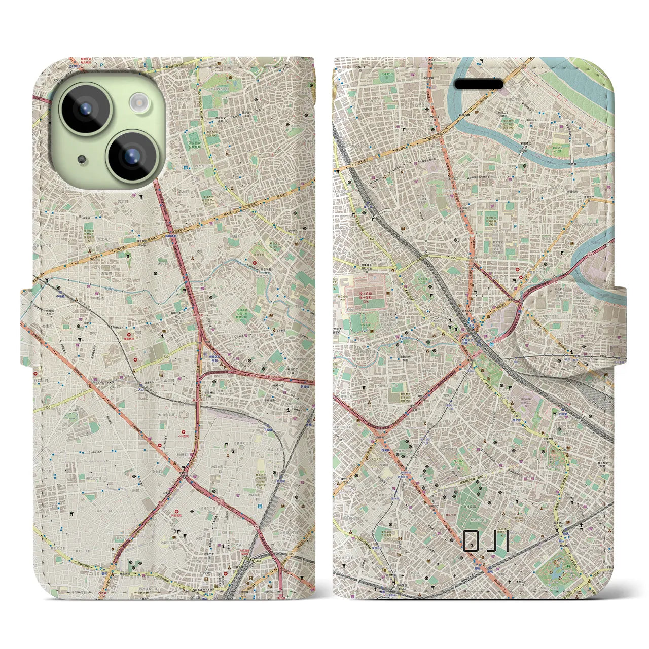 【王子(東京都)】地図柄iPhoneケース(手帳タイプ)ナチュラル・iPhone 15 用