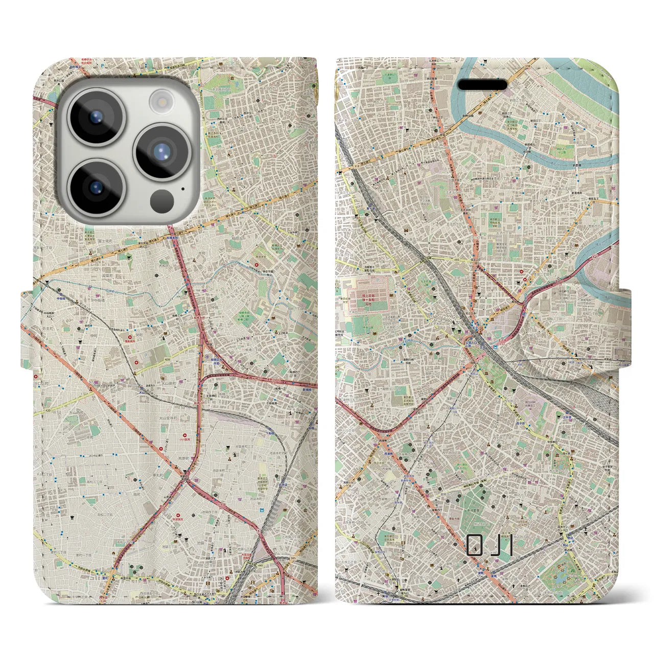 【王子(東京都)】地図柄iPhoneケース(手帳タイプ)ナチュラル・iPhone 15 Pro 用