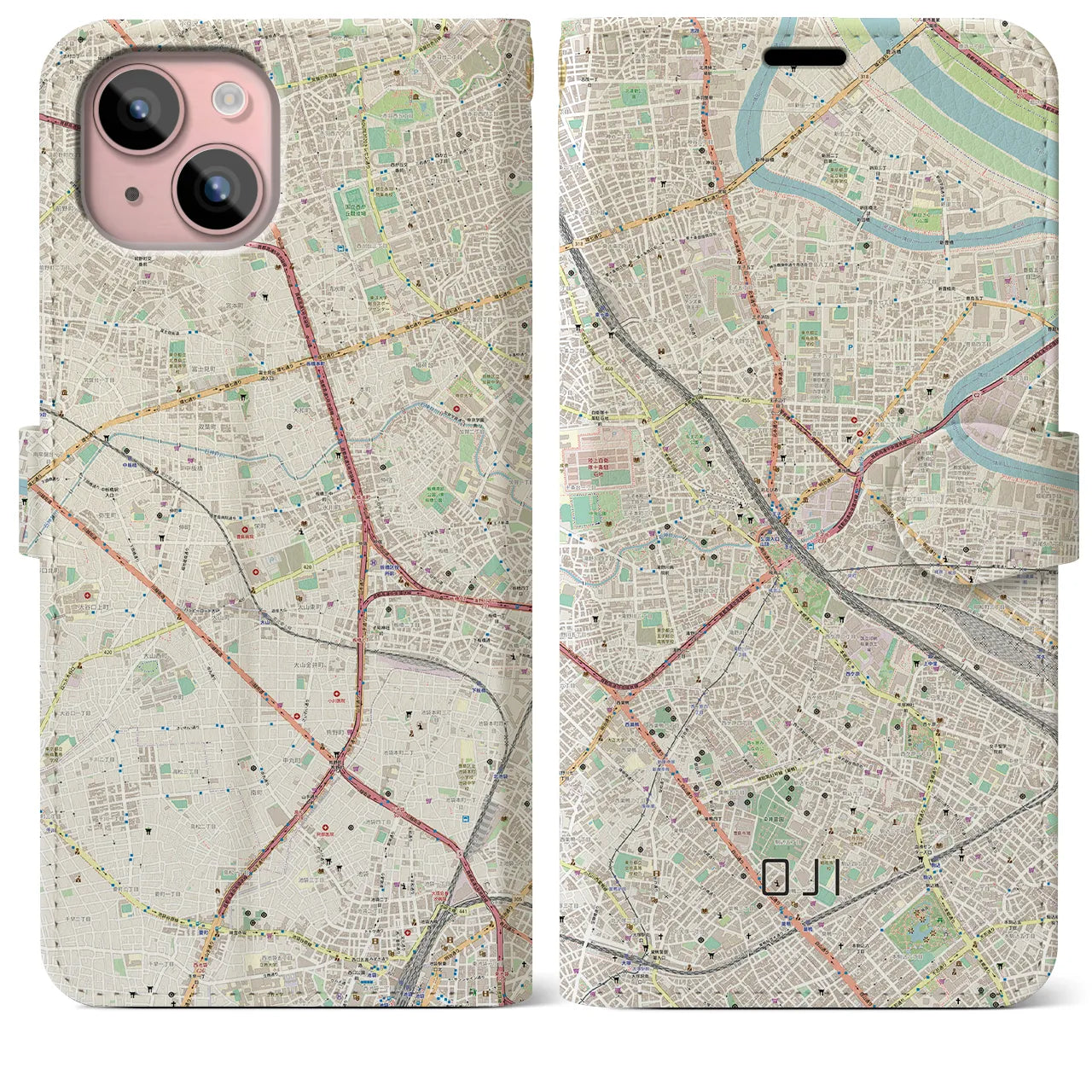 【王子(東京都)】地図柄iPhoneケース(手帳タイプ)ナチュラル・iPhone 15 Plus 用