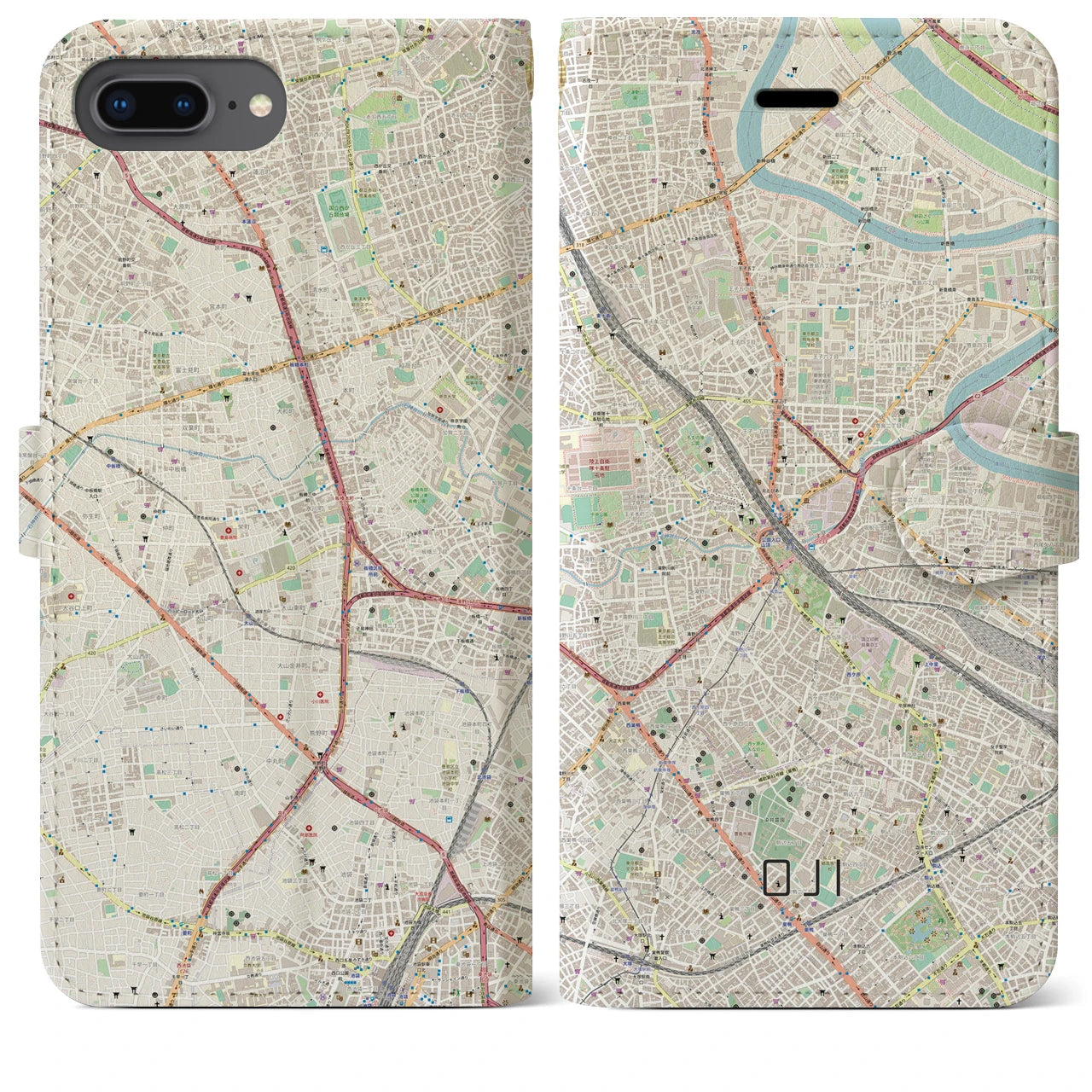 【王子(東京都)】地図柄iPhoneケース(手帳タイプ)ナチュラル・iPhone 8Plus /7Plus / 6sPlus / 6Plus 用