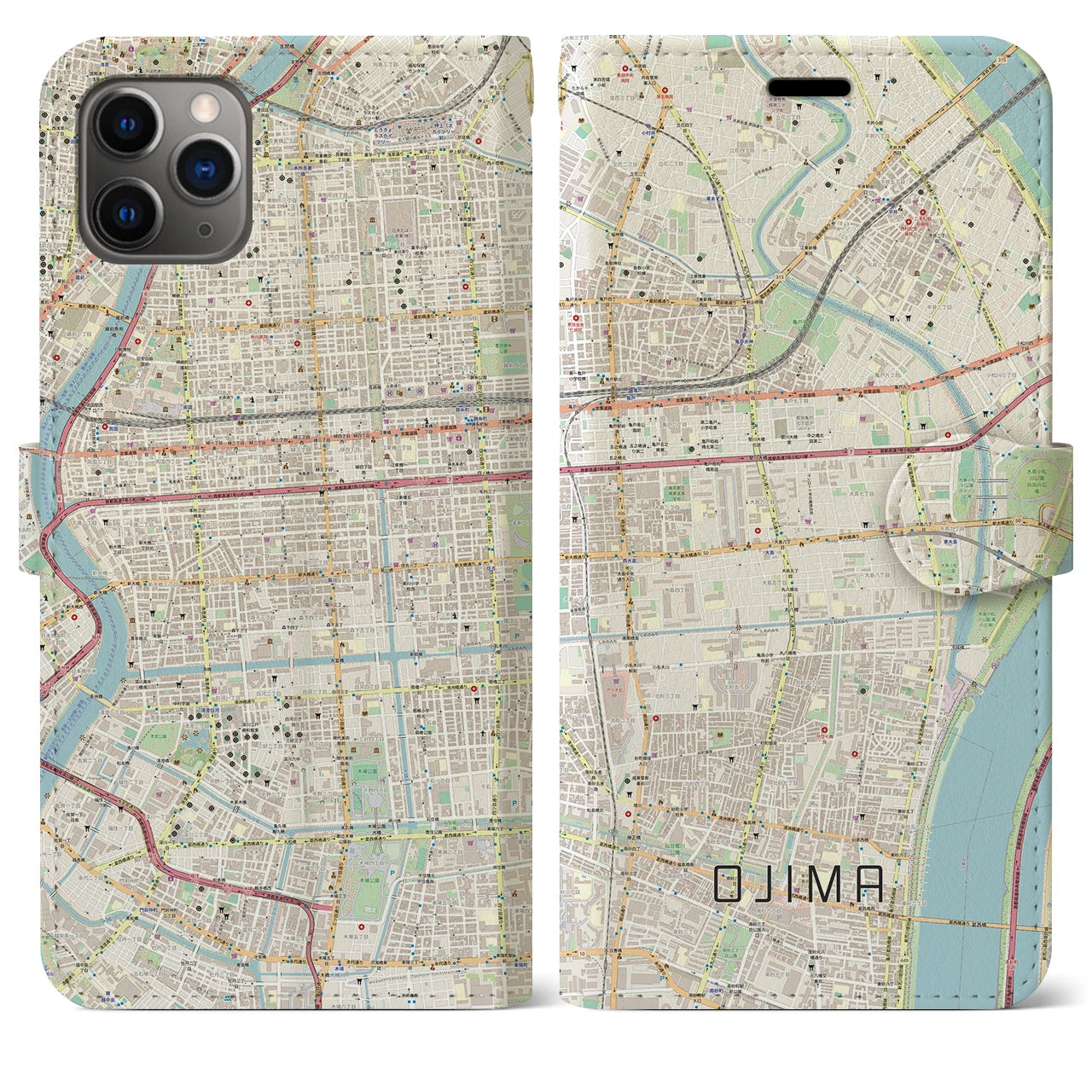 【大島(東京都)】地図柄iPhoneケース(手帳タイプ)ナチュラル・iPhone 11 Pro Max 用