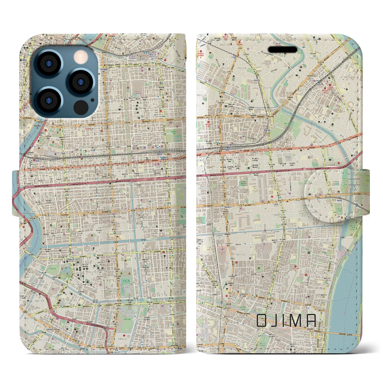 【大島(東京都)】地図柄iPhoneケース(手帳タイプ)ナチュラル・iPhone 12 / 12 Pro 用