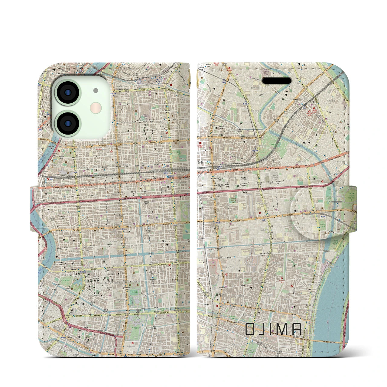 【大島(東京都)】地図柄iPhoneケース(手帳タイプ)ナチュラル・iPhone 12 mini 用