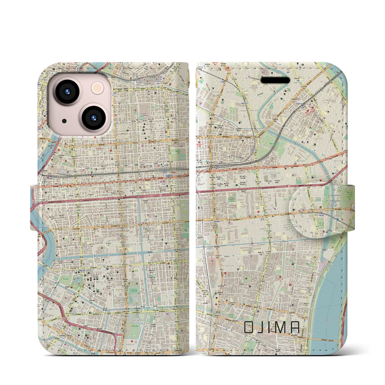 【大島(東京都)】地図柄iPhoneケース(手帳タイプ)ナチュラル・iPhone 13 mini 用