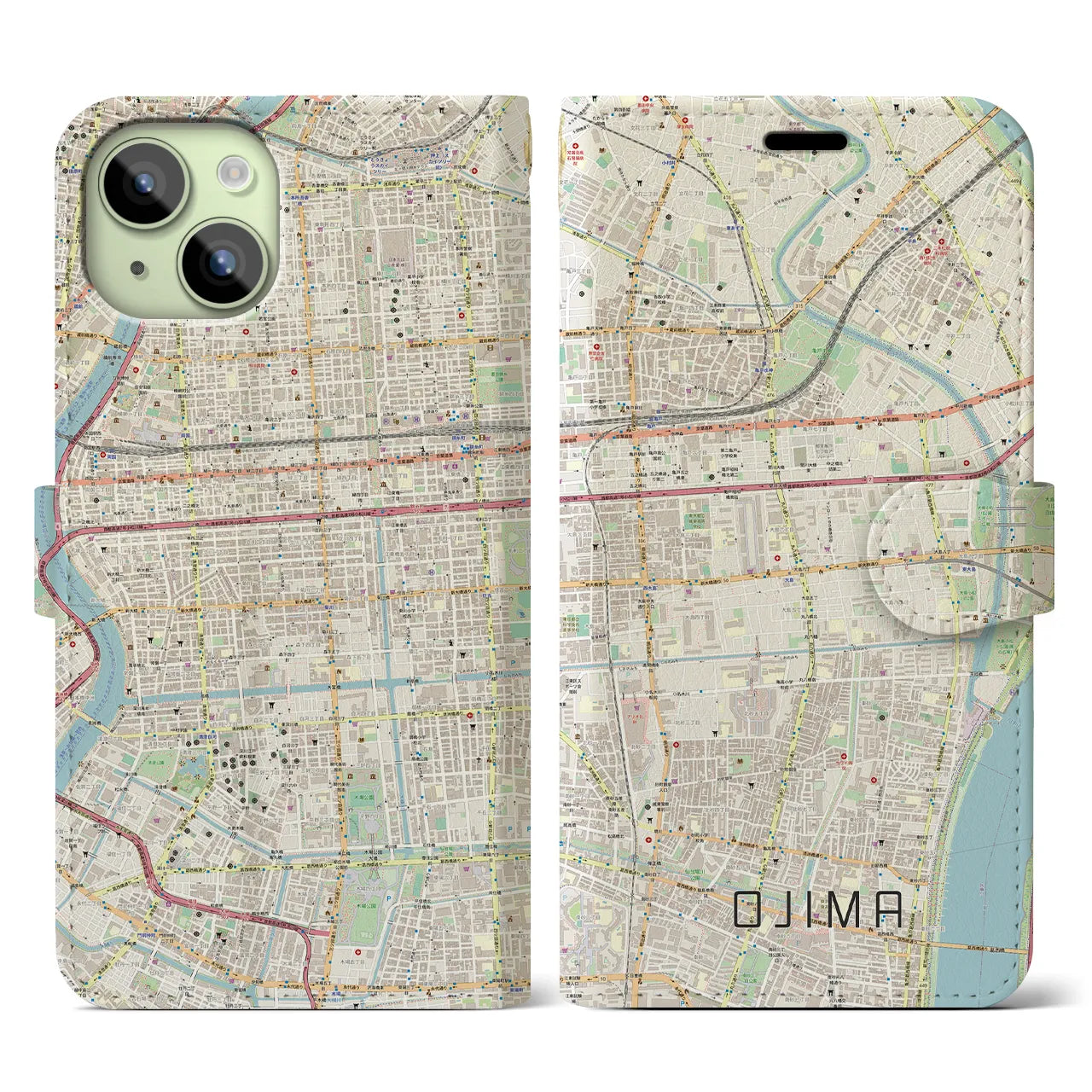【大島(東京都)】地図柄iPhoneケース(手帳タイプ)ナチュラル・iPhone 15 用