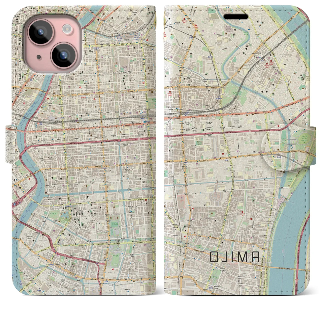 【大島(東京都)】地図柄iPhoneケース(手帳タイプ)ナチュラル・iPhone 15 Plus 用