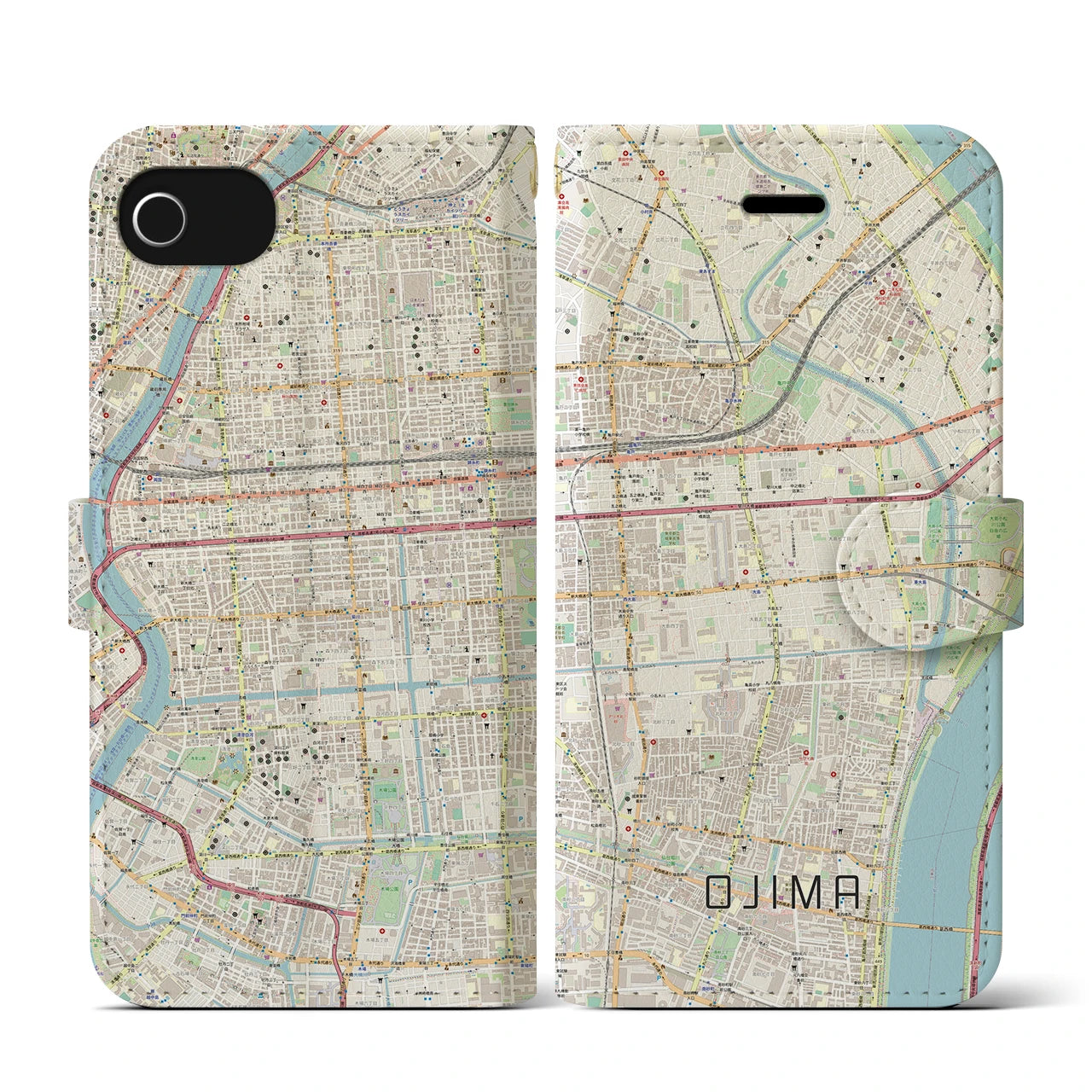 【大島(東京都)】地図柄iPhoneケース(手帳タイプ)ナチュラル・iPhone SE(第3 / 第2世代) / 8 / 7 / 6s / 6 用
