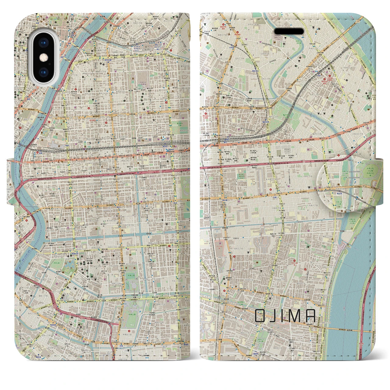 【大島(東京都)】地図柄iPhoneケース(手帳タイプ)ナチュラル・iPhone XS Max 用
