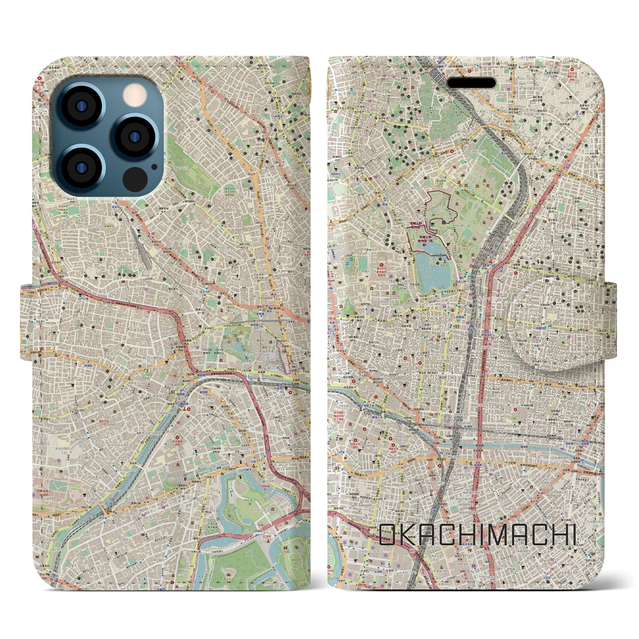 【御徒町(東京都)】地図柄iPhoneケース(手帳タイプ)ナチュラル・iPhone 12 / 12 Pro 用