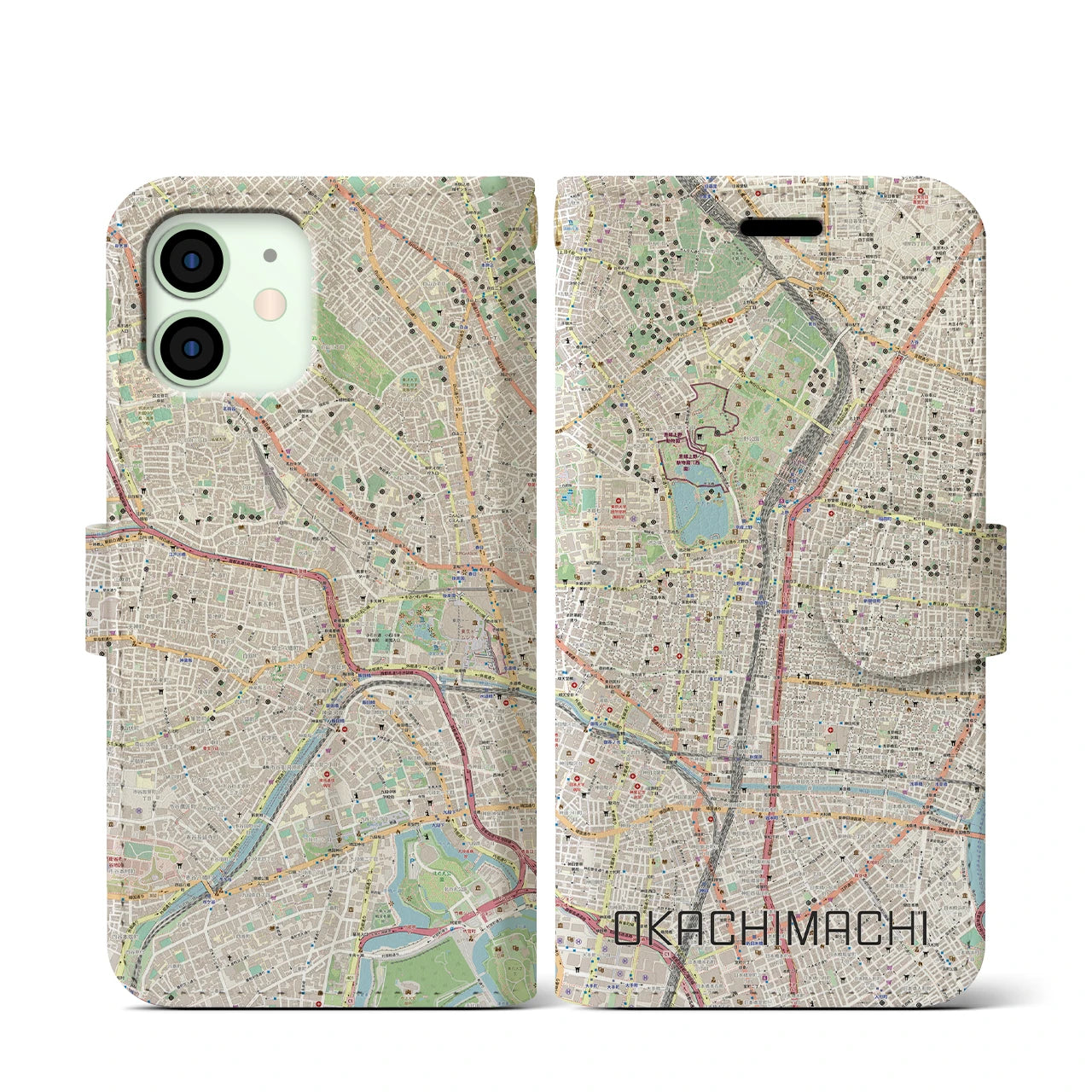 【御徒町(東京都)】地図柄iPhoneケース(手帳タイプ)ナチュラル・iPhone 12 mini 用