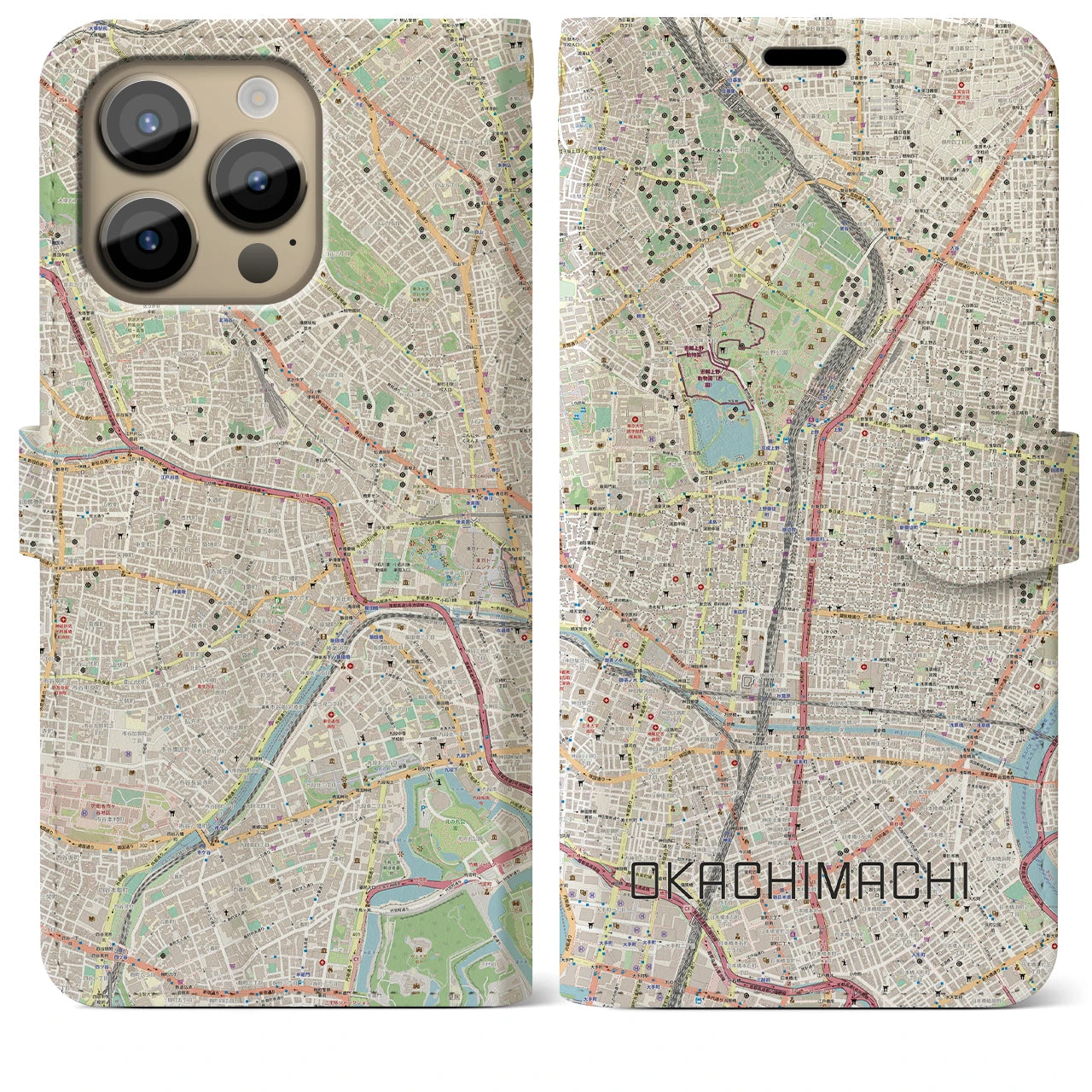 【御徒町(東京都)】地図柄iPhoneケース(手帳タイプ)ナチュラル・iPhone 14 Pro Max 用