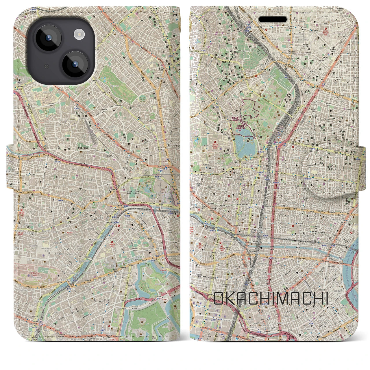 【御徒町(東京都)】地図柄iPhoneケース(手帳タイプ)ナチュラル・iPhone 14 Plus 用