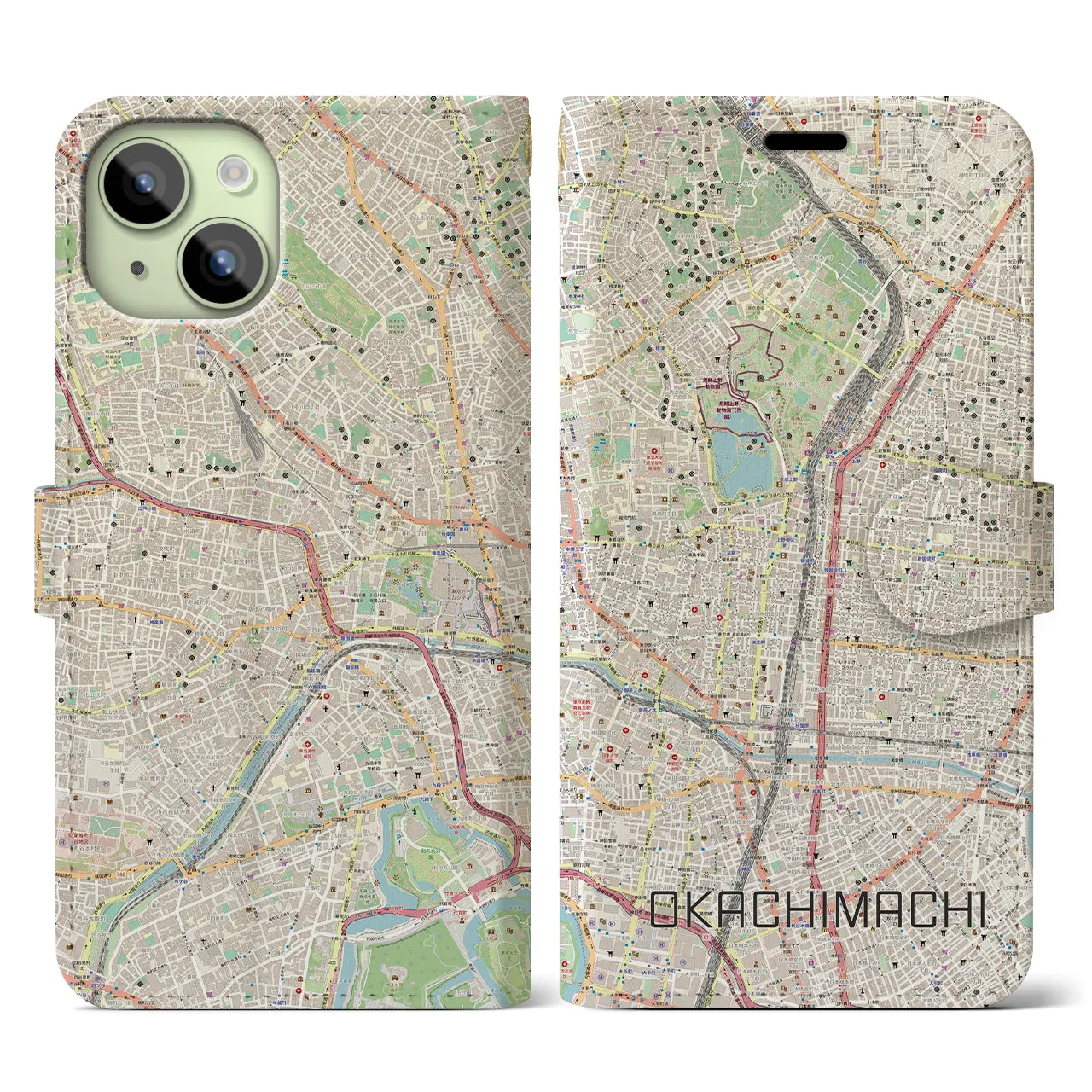 【御徒町(東京都)】地図柄iPhoneケース(手帳タイプ)ナチュラル・iPhone 15 用
