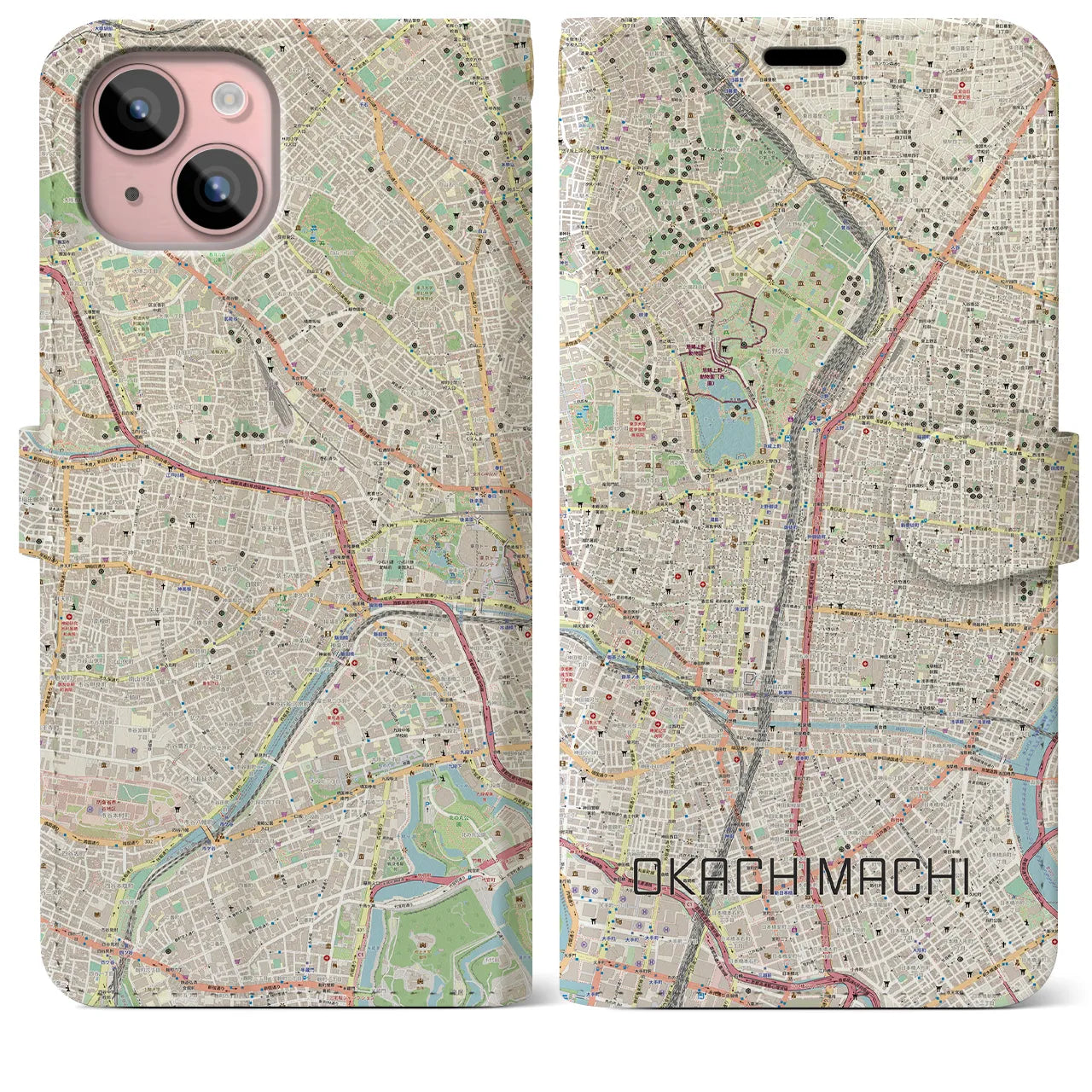 【御徒町(東京都)】地図柄iPhoneケース(手帳タイプ)ナチュラル・iPhone 15 Plus 用