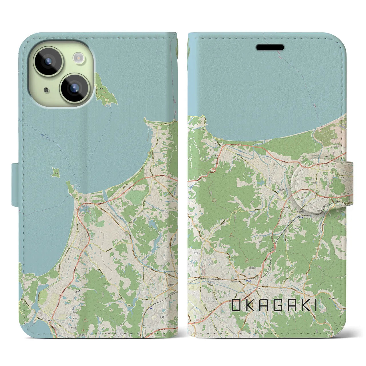 【岡垣(福岡県)】地図柄iPhoneケース(手帳タイプ)ナチュラル・iPhone 15 用