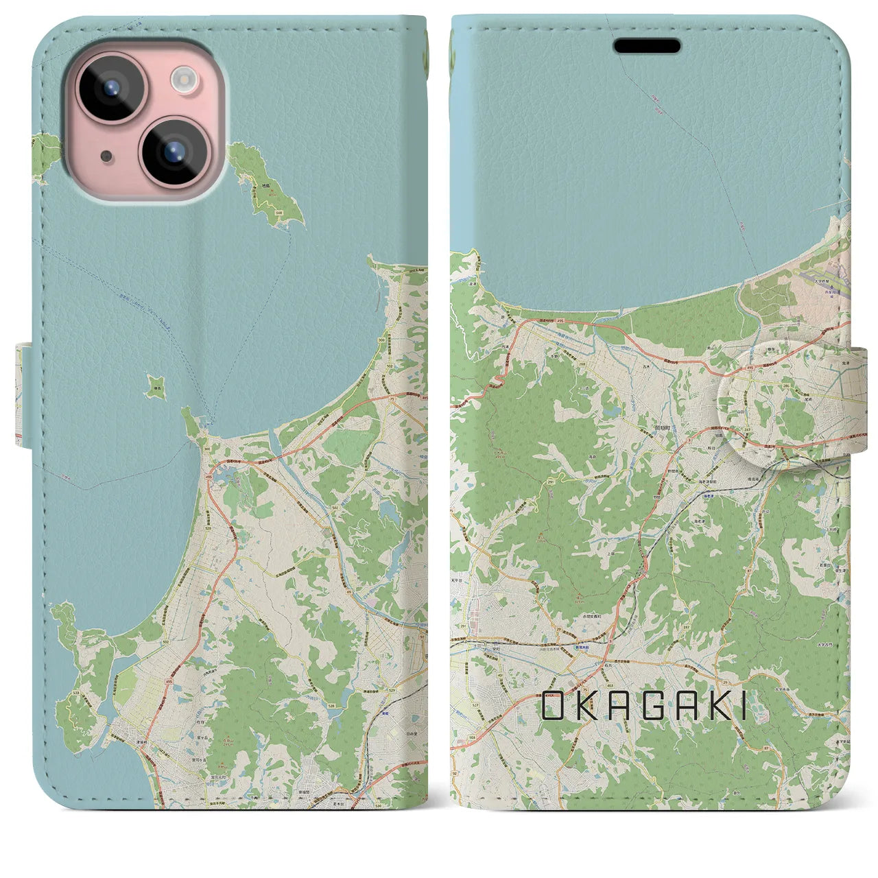 【岡垣(福岡県)】地図柄iPhoneケース(手帳タイプ)ナチュラル・iPhone 15 Plus 用