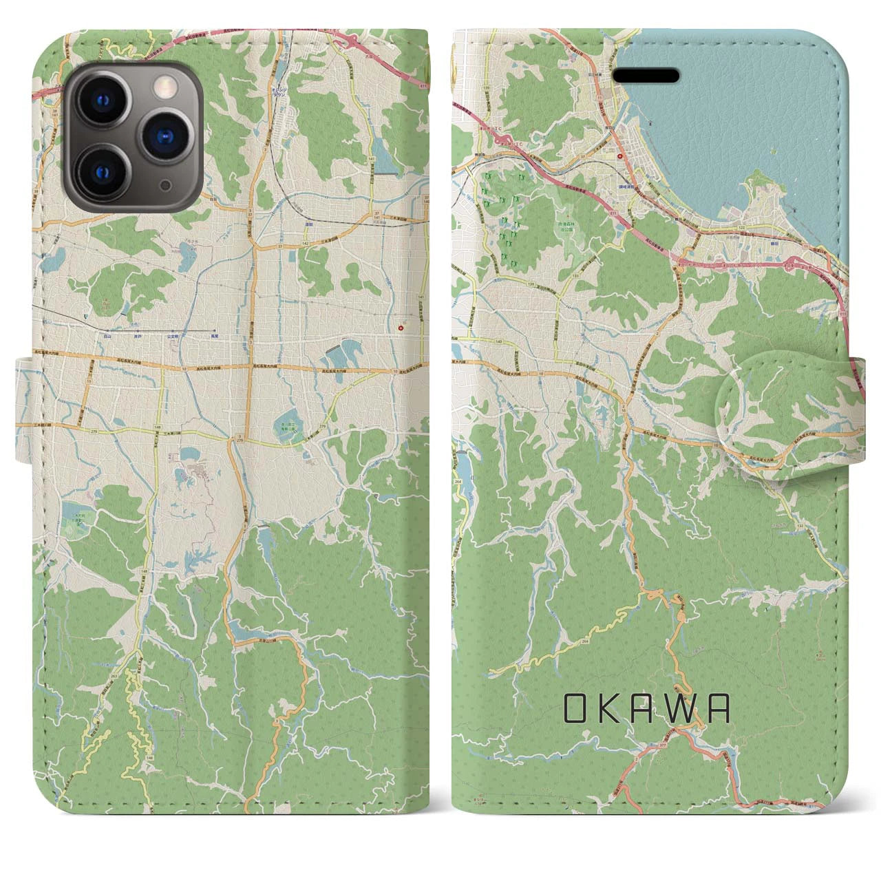 【大川(香川県)】地図柄iPhoneケース(手帳タイプ)ナチュラル・iPhone 11 Pro Max 用