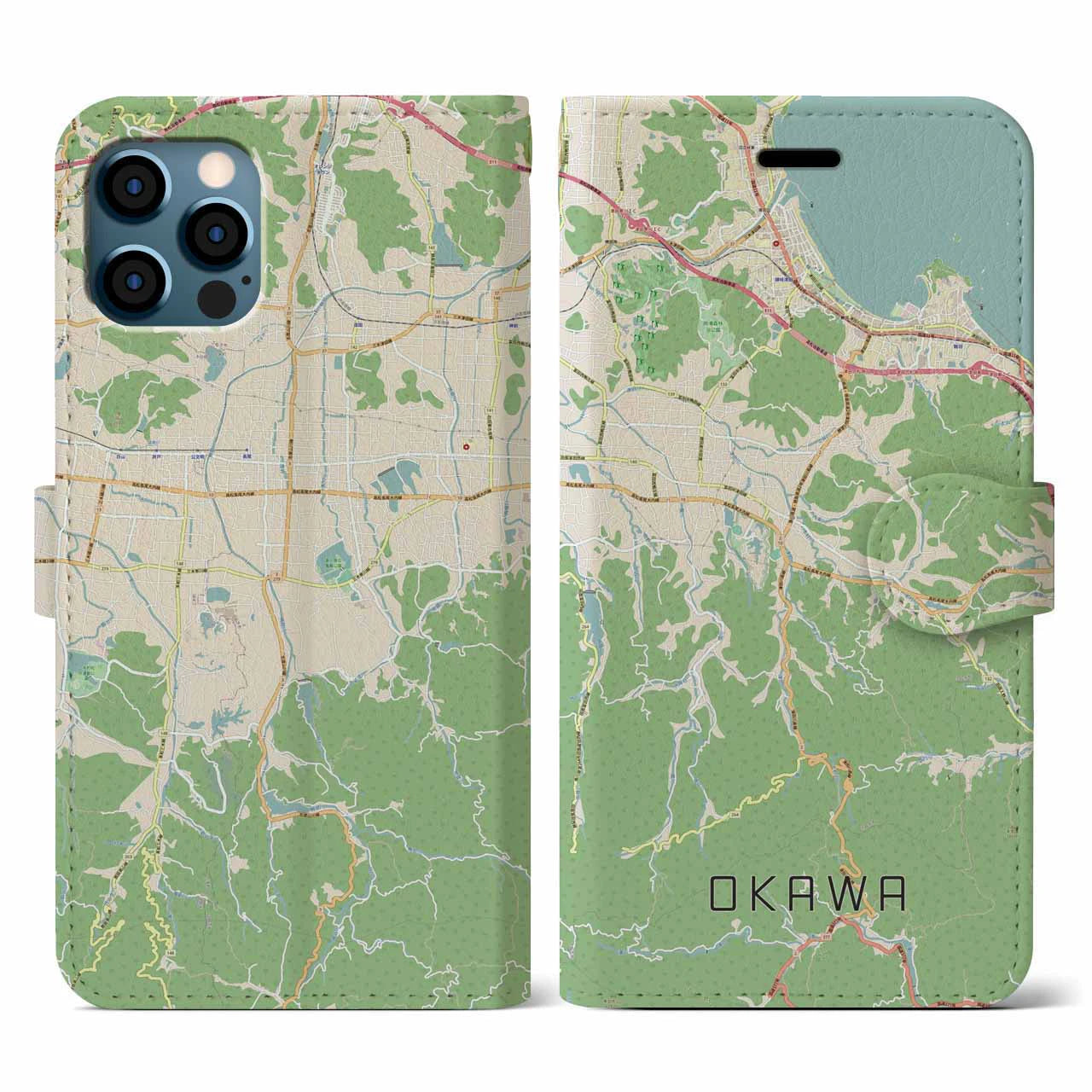 【大川(香川県)】地図柄iPhoneケース(手帳タイプ)ナチュラル・iPhone 12 / 12 Pro 用