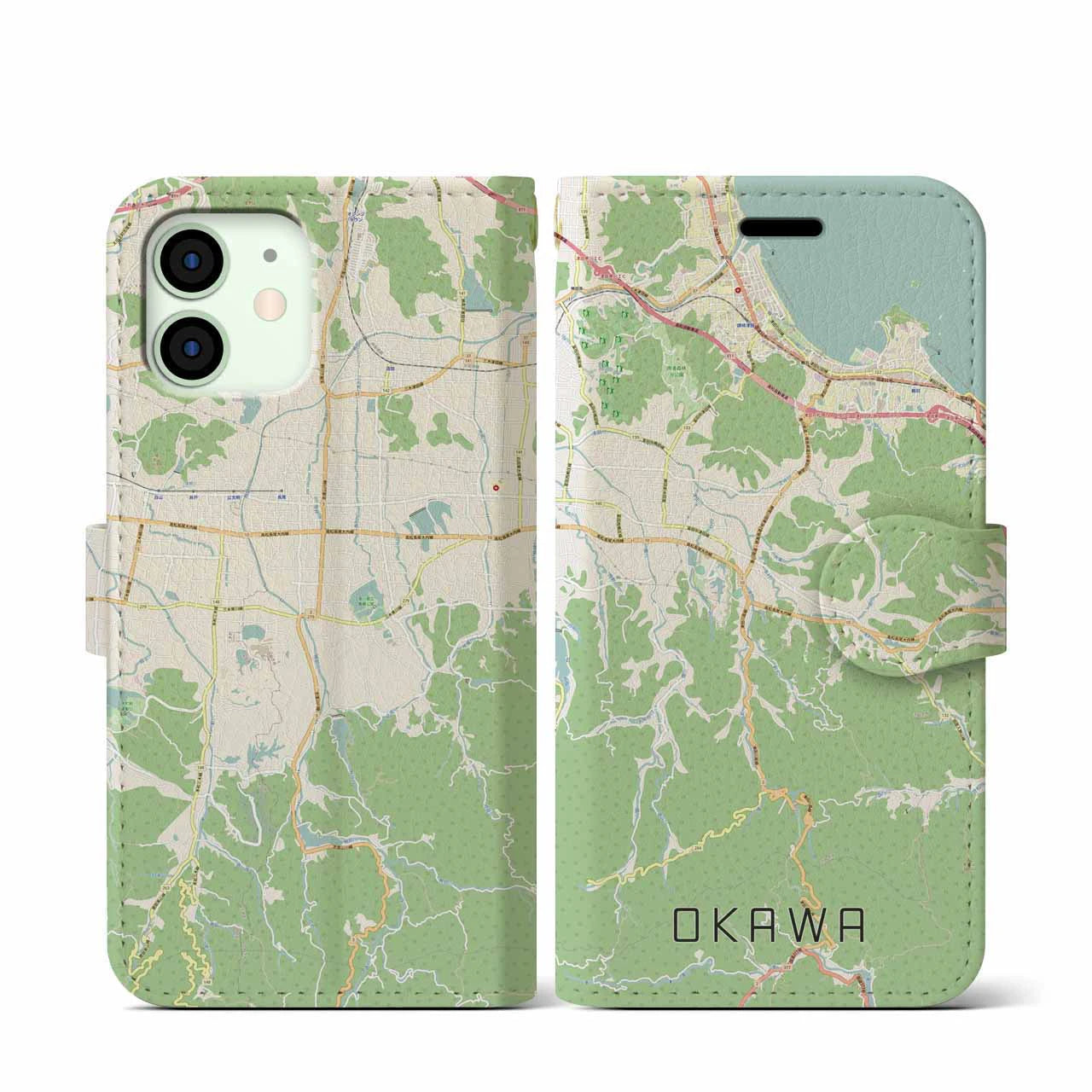 【大川(香川県)】地図柄iPhoneケース(手帳タイプ)ナチュラル・iPhone 12 mini 用