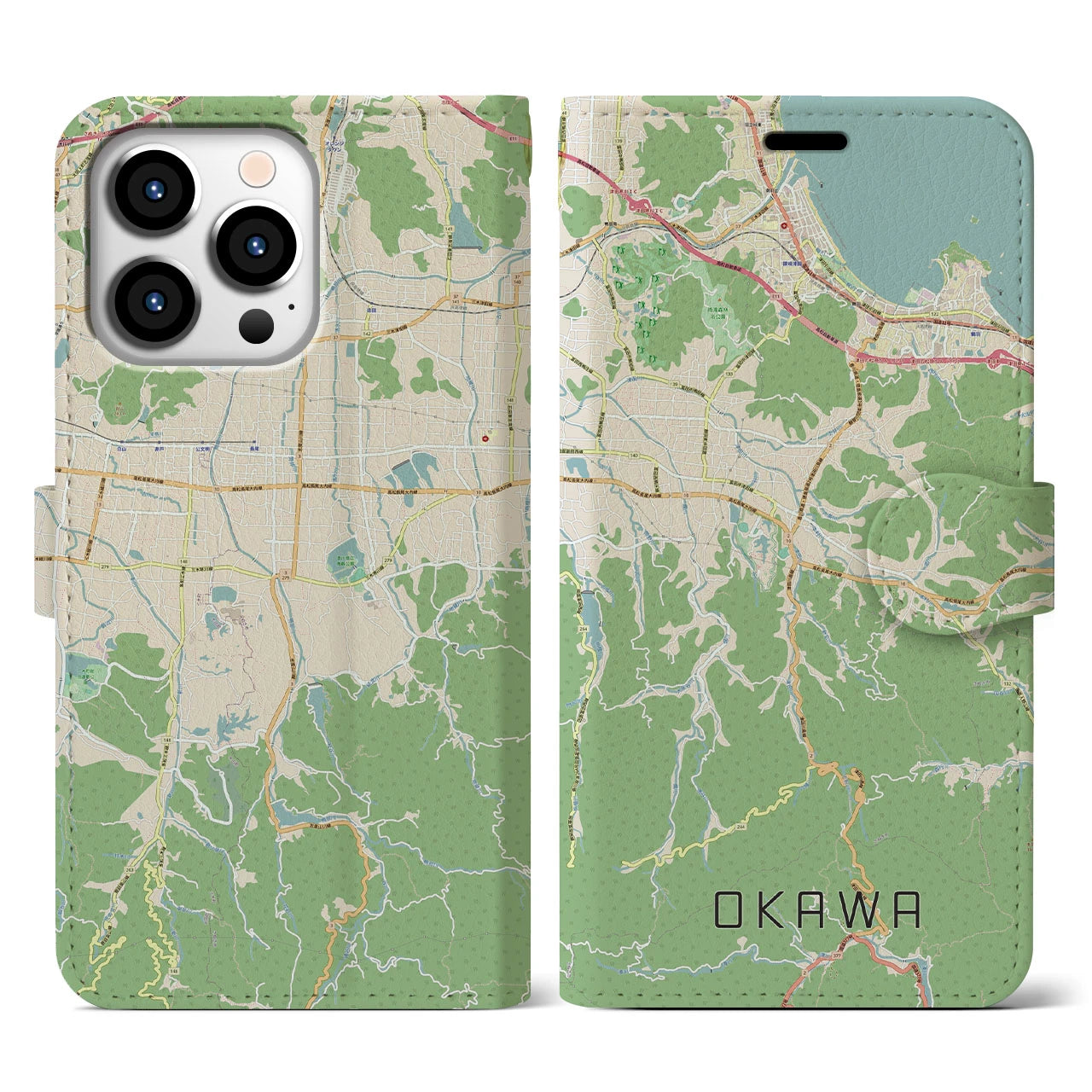 【大川(香川県)】地図柄iPhoneケース(手帳タイプ)ナチュラル・iPhone 13 Pro 用