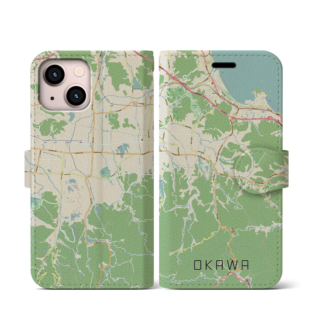 【大川(香川県)】地図柄iPhoneケース(手帳タイプ)ナチュラル・iPhone 13 mini 用