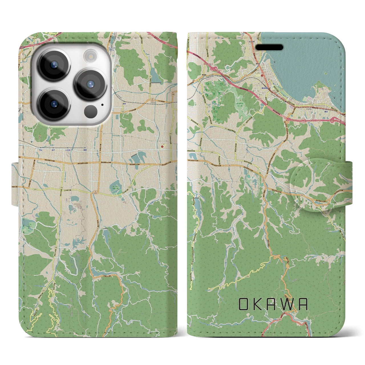 【大川(香川県)】地図柄iPhoneケース(手帳タイプ)ナチュラル・iPhone 14 Pro 用