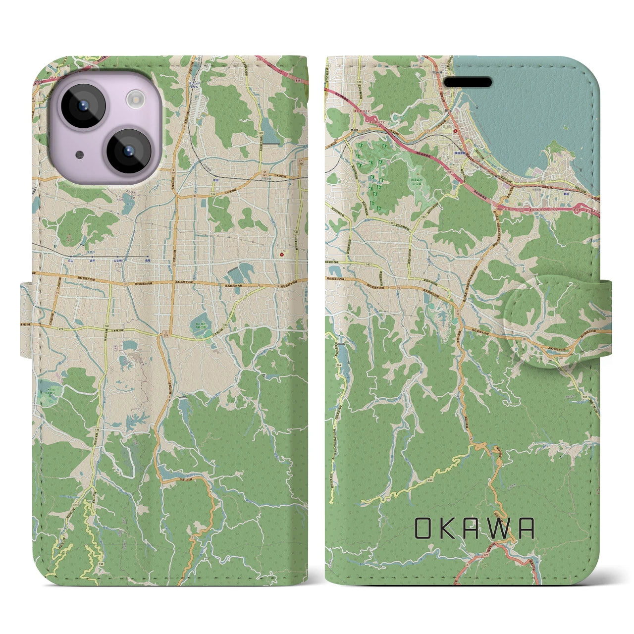 【大川(香川県)】地図柄iPhoneケース(手帳タイプ)ナチュラル・iPhone 14 用