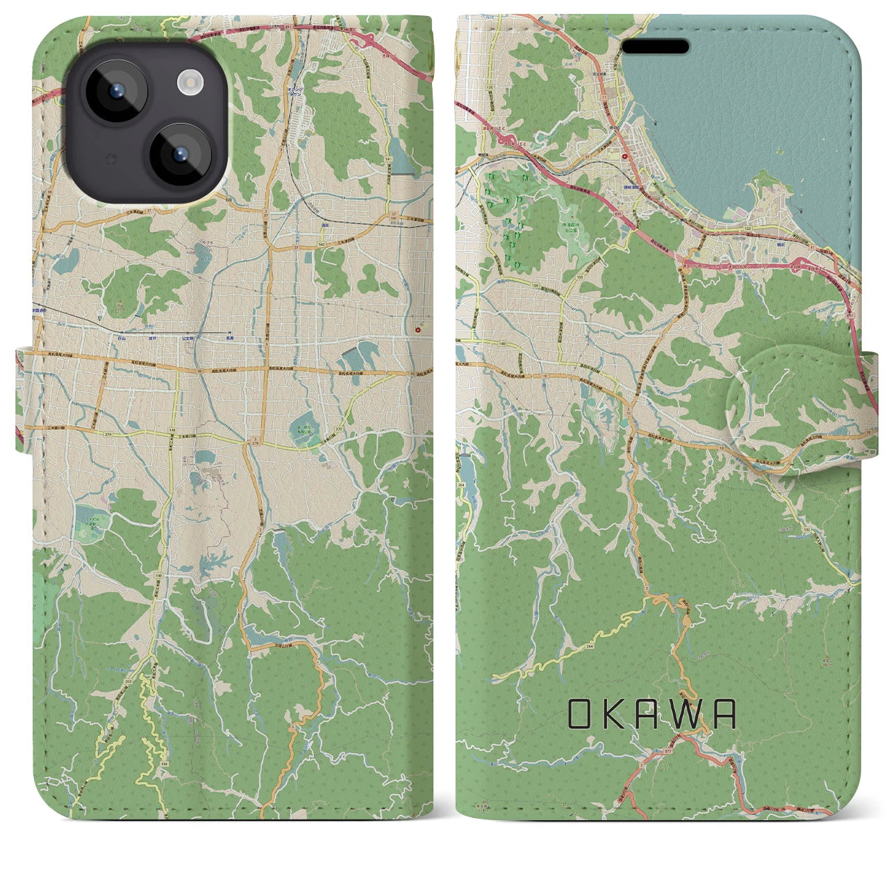 【大川(香川県)】地図柄iPhoneケース(手帳タイプ)ナチュラル・iPhone 14 Plus 用