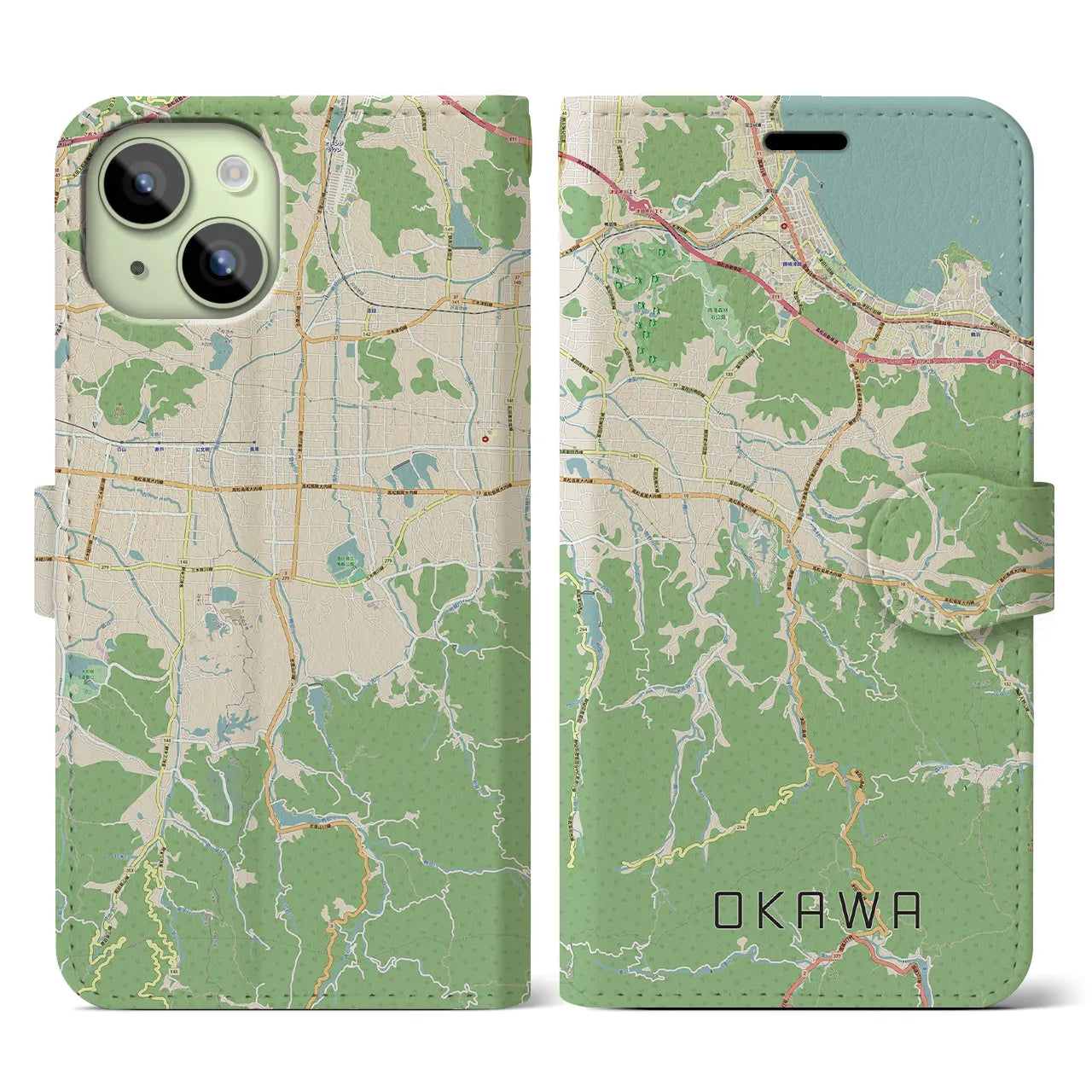 【大川(香川県)】地図柄iPhoneケース(手帳タイプ)ナチュラル・iPhone 15 用