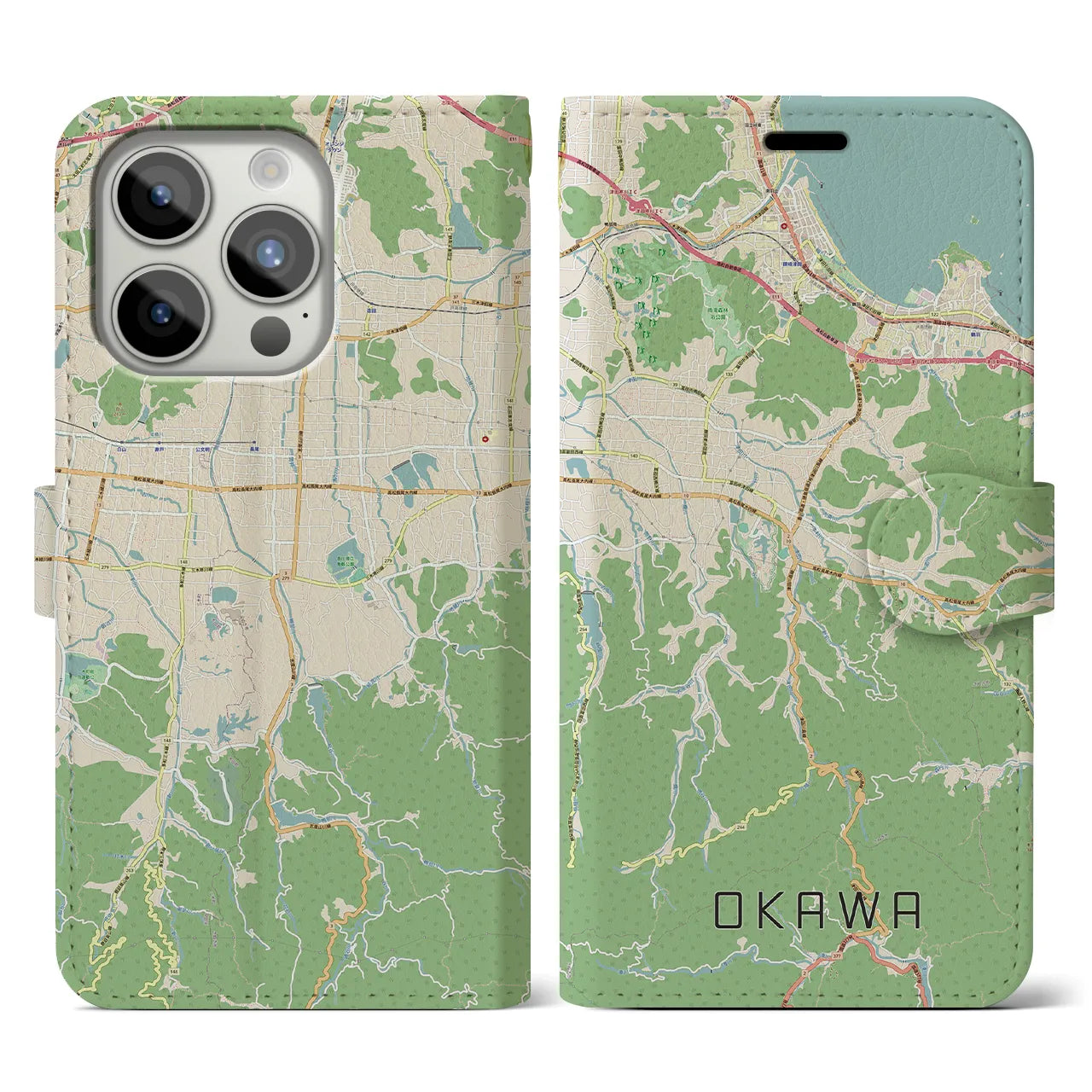 【大川(香川県)】地図柄iPhoneケース(手帳タイプ)ナチュラル・iPhone 15 Pro 用