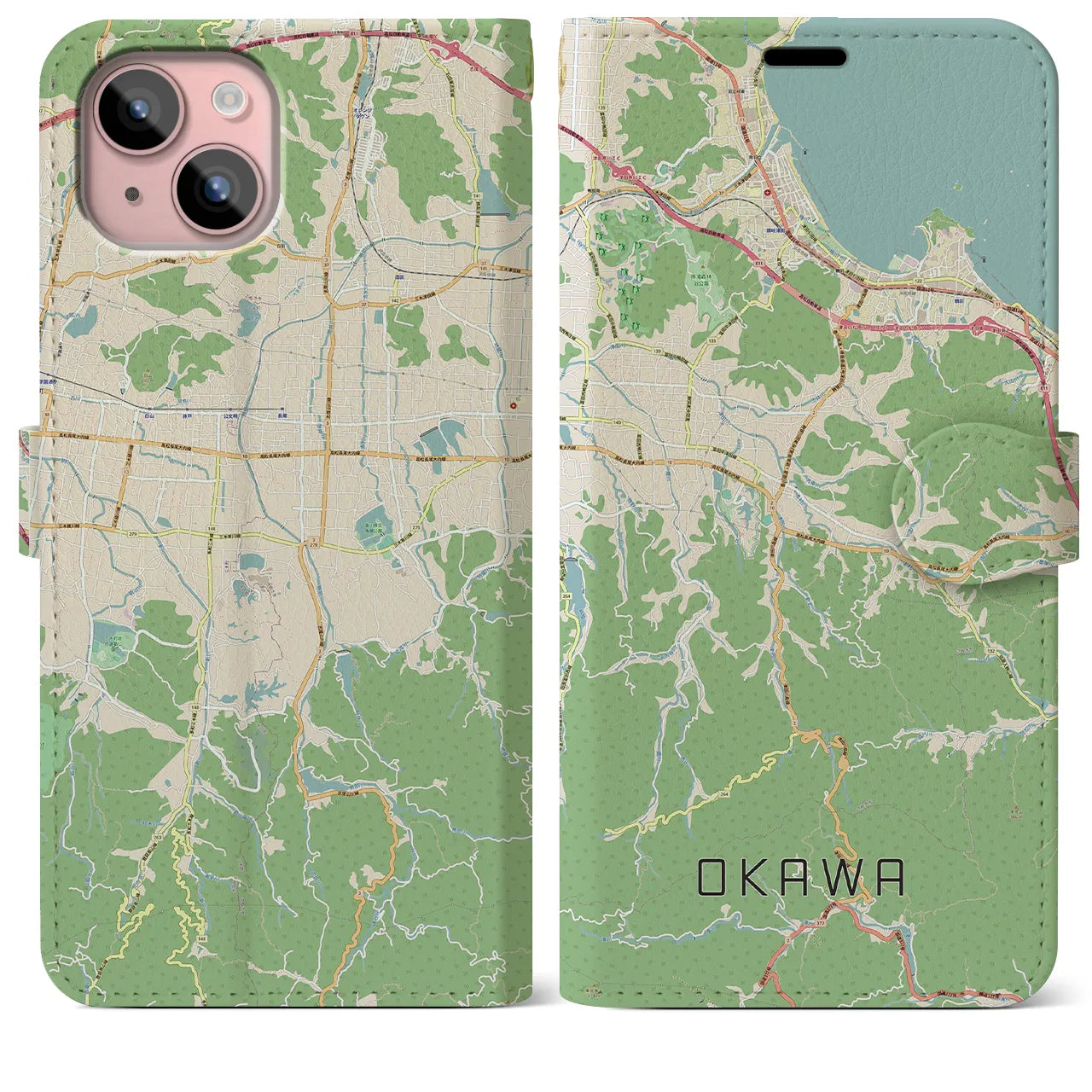 【大川(香川県)】地図柄iPhoneケース(手帳タイプ)ナチュラル・iPhone 15 Plus 用