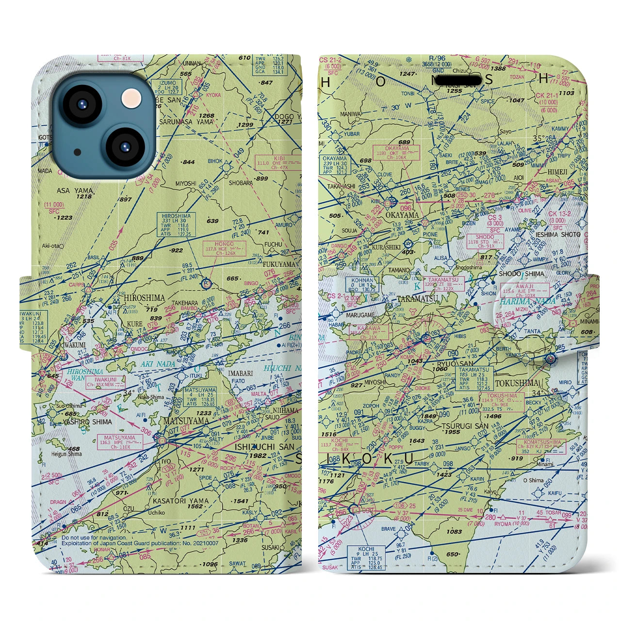 【岡山・高松航空図(岡山県)】航空図iPhoneケース(手帳タイプ)デイタイムフライト・iPhone 13 用