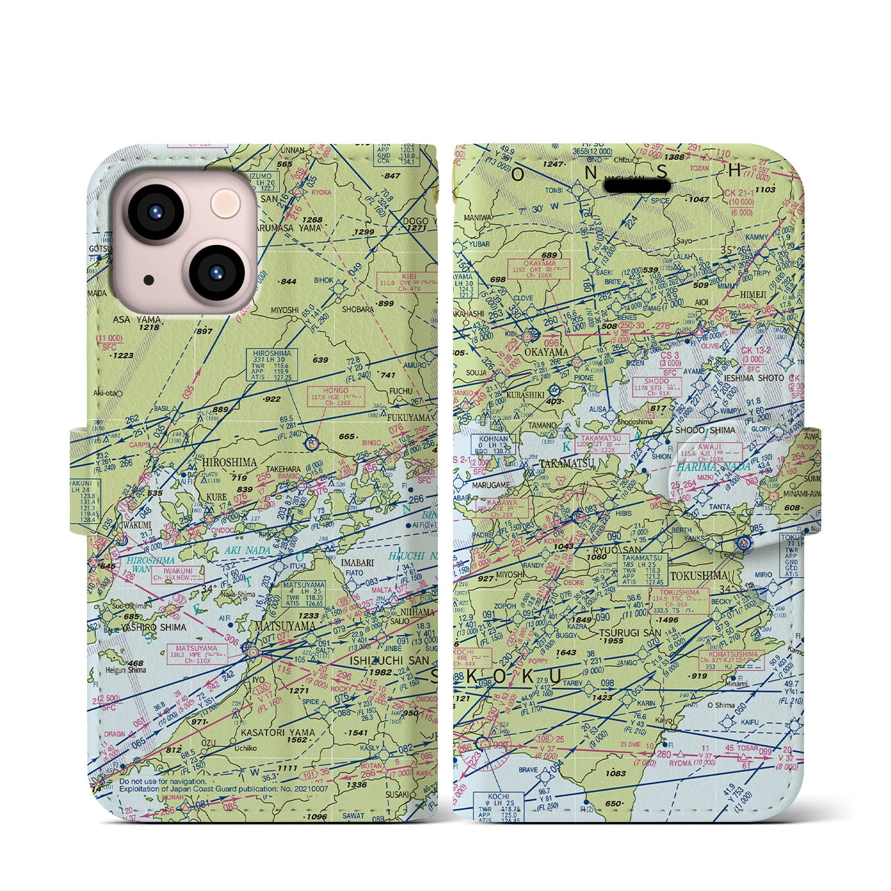 【岡山・高松航空図(岡山県)】航空図iPhoneケース(手帳タイプ)デイタイムフライト・iPhone 13 mini 用