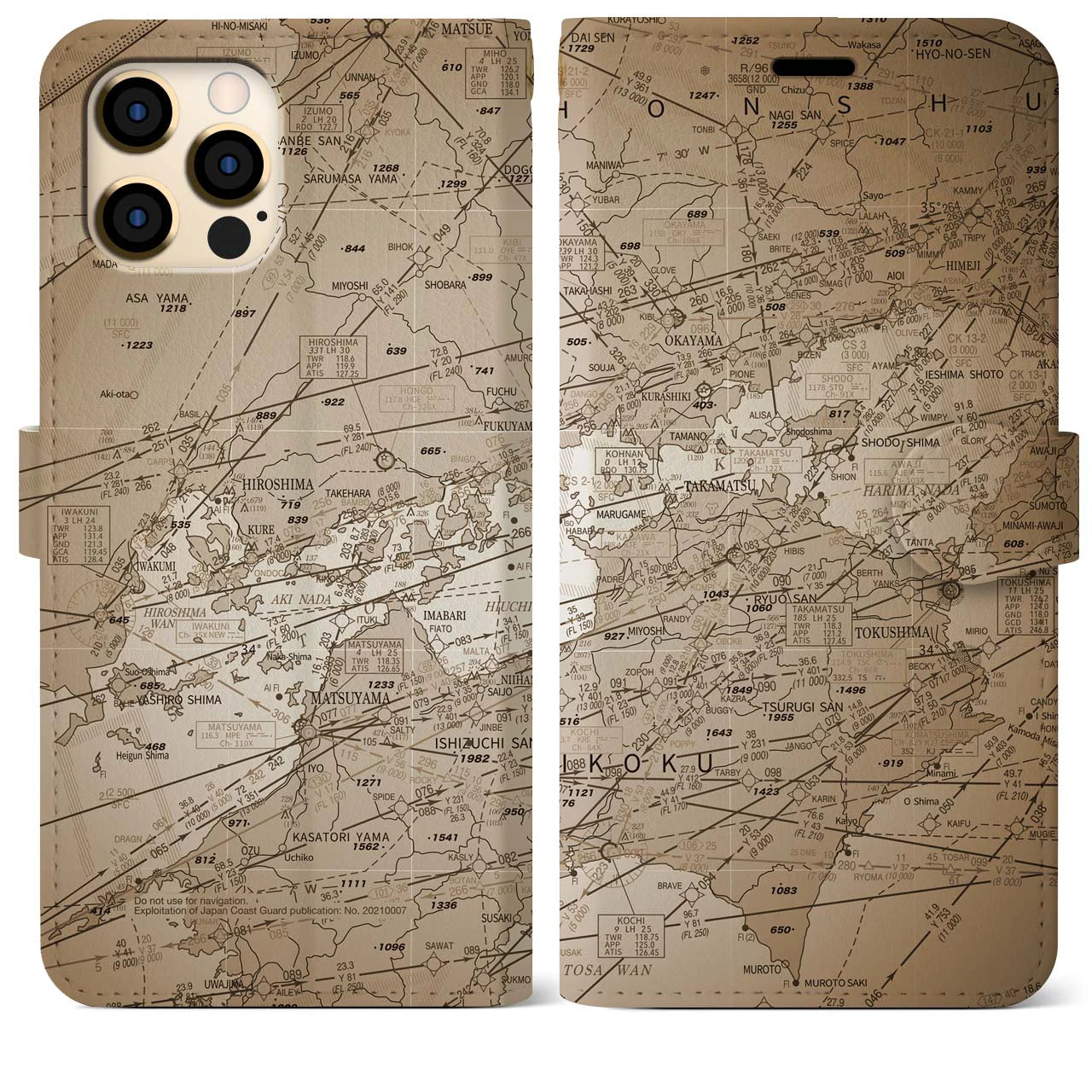 【岡山・高松航空図(岡山県)】航空図iPhoneケース(手帳タイプ)セピア・iPhone 12 Pro Max 用