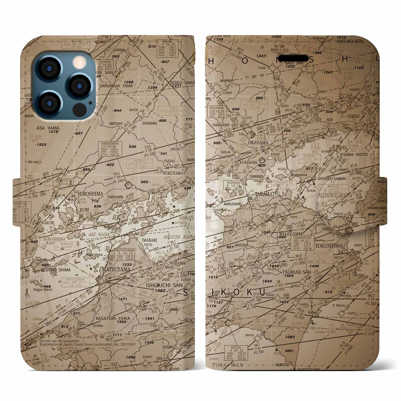 【岡山・高松航空図(岡山県)】航空図iPhoneケース(手帳タイプ)セピア・iPhone 12 / 12 Pro 用