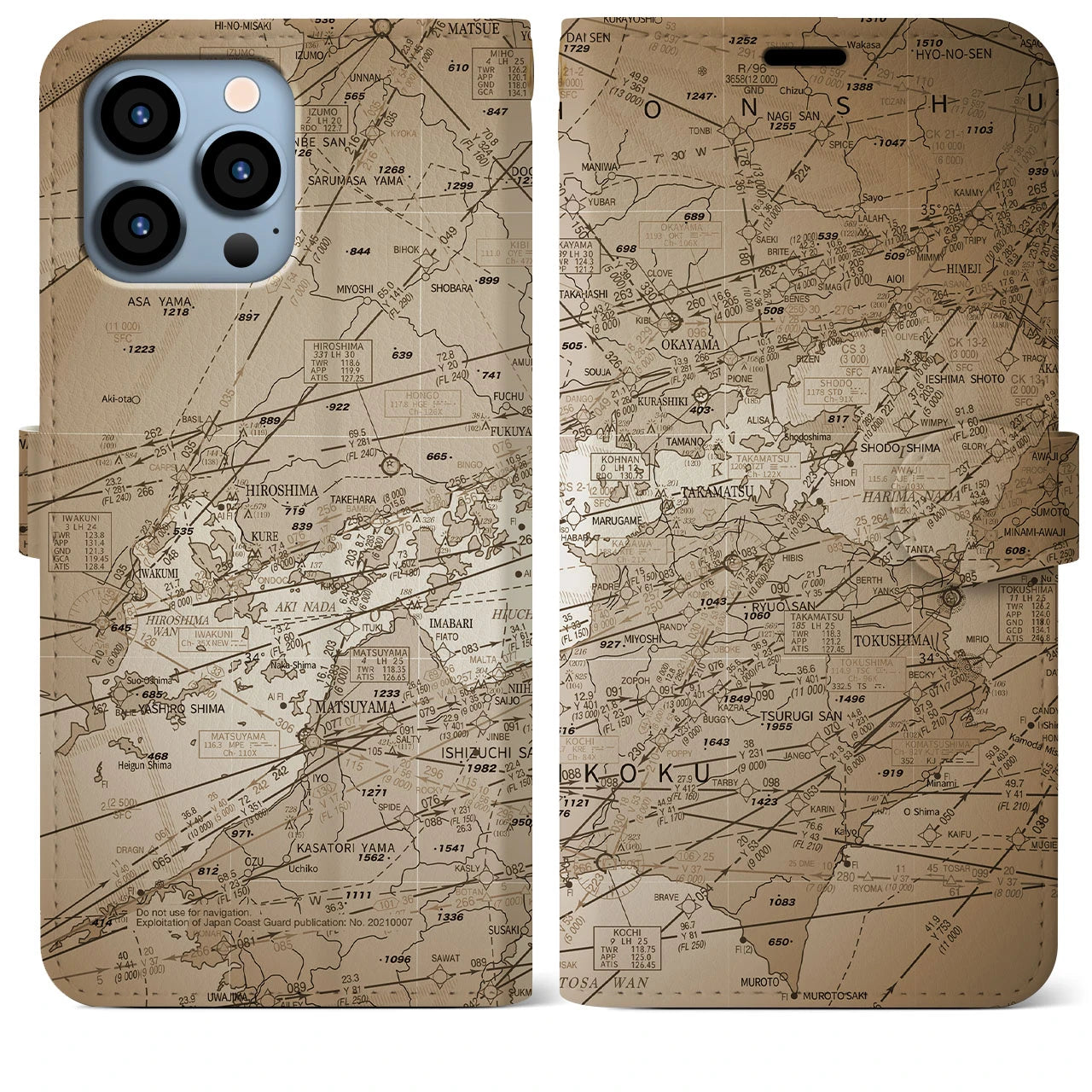 【岡山・高松航空図(岡山県)】航空図iPhoneケース(手帳タイプ)セピア・iPhone 13 Pro Max 用