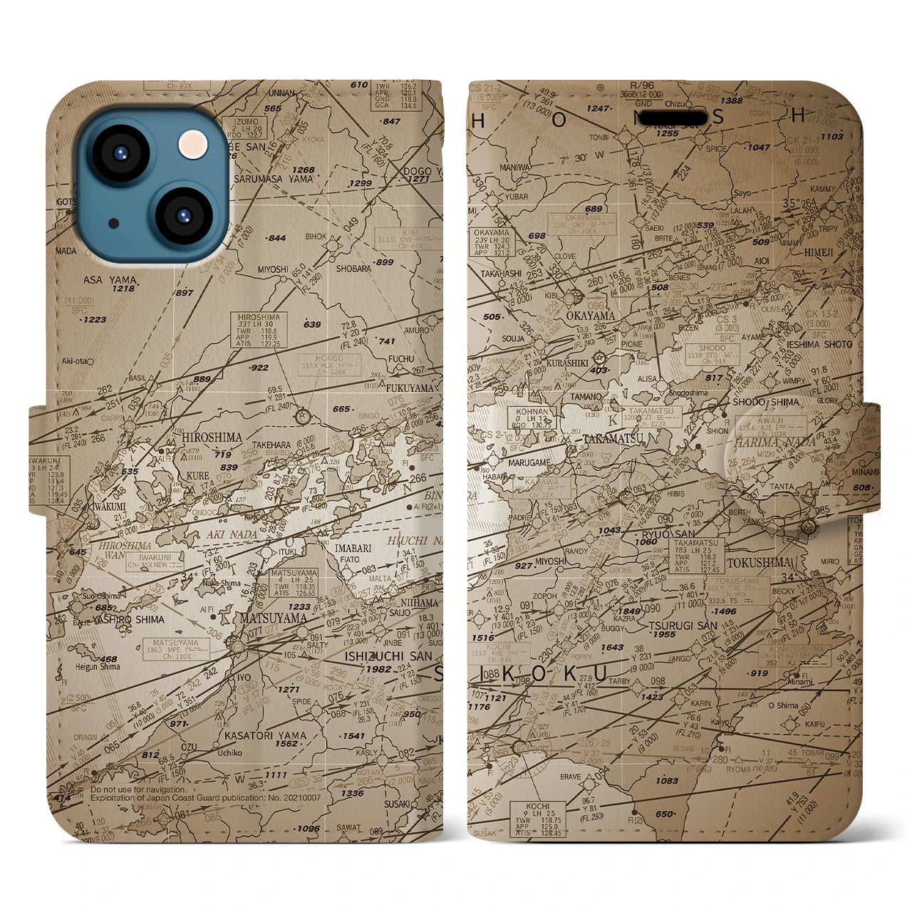 【岡山・高松航空図(岡山県)】航空図iPhoneケース(手帳タイプ)セピア・iPhone 13 用