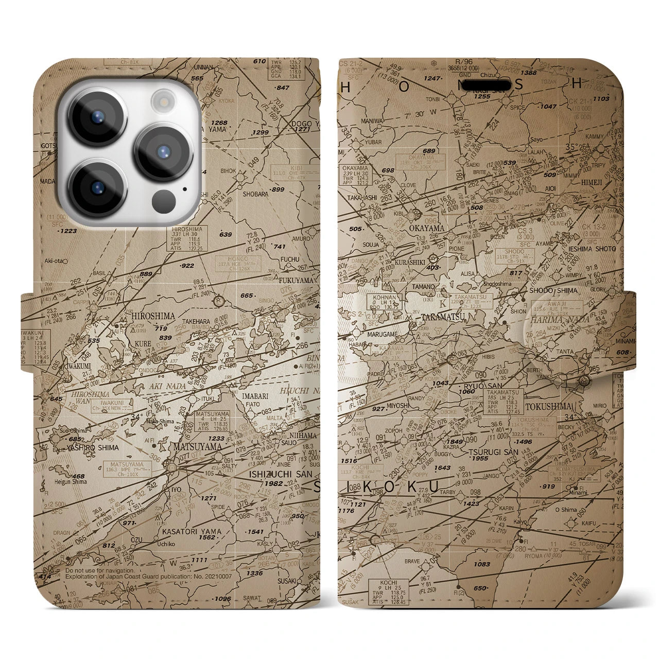 【岡山・高松航空図(岡山県)】航空図iPhoneケース(手帳タイプ)セピア・iPhone 14 Pro 用