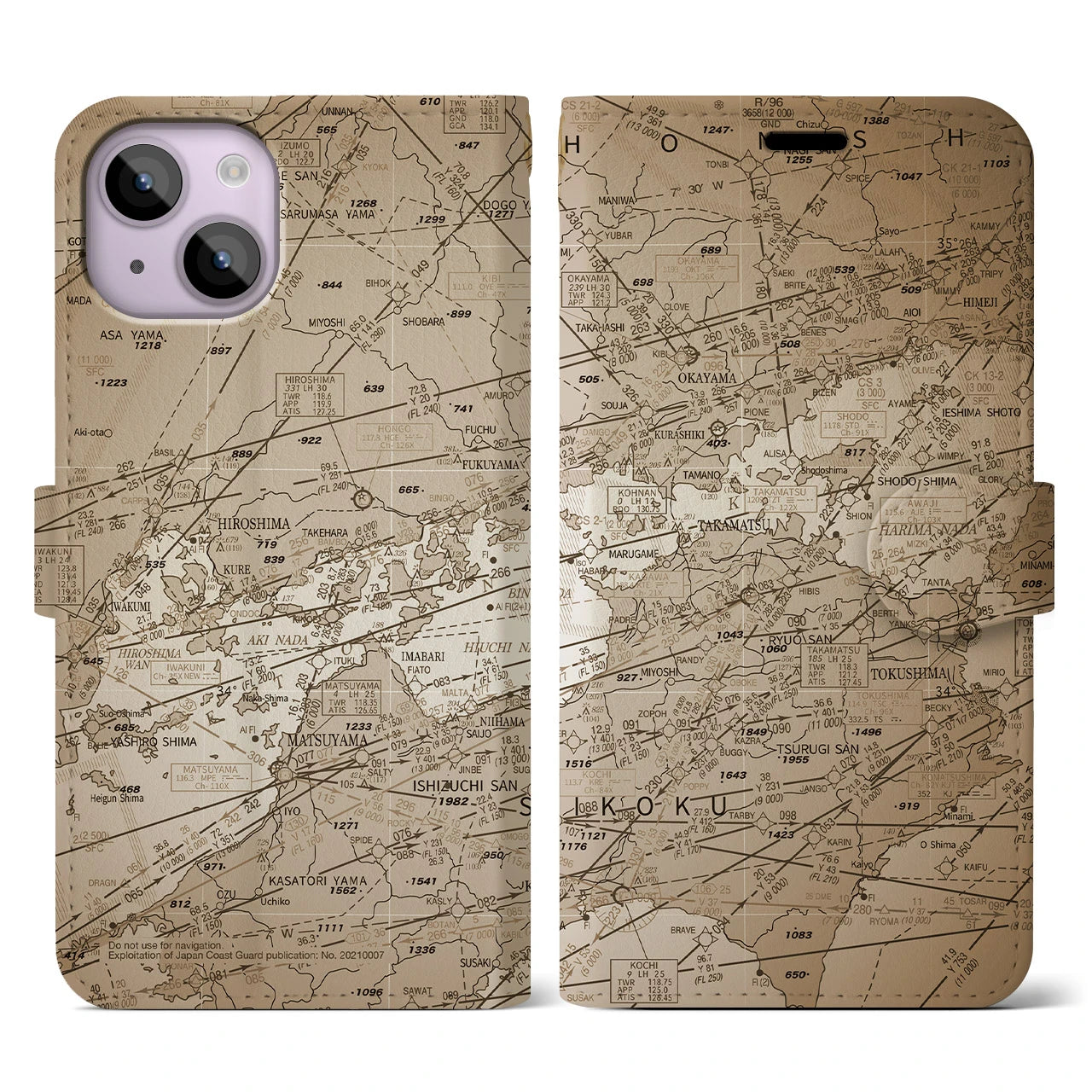 【岡山・高松航空図(岡山県)】航空図iPhoneケース(手帳タイプ)セピア・iPhone 14 用