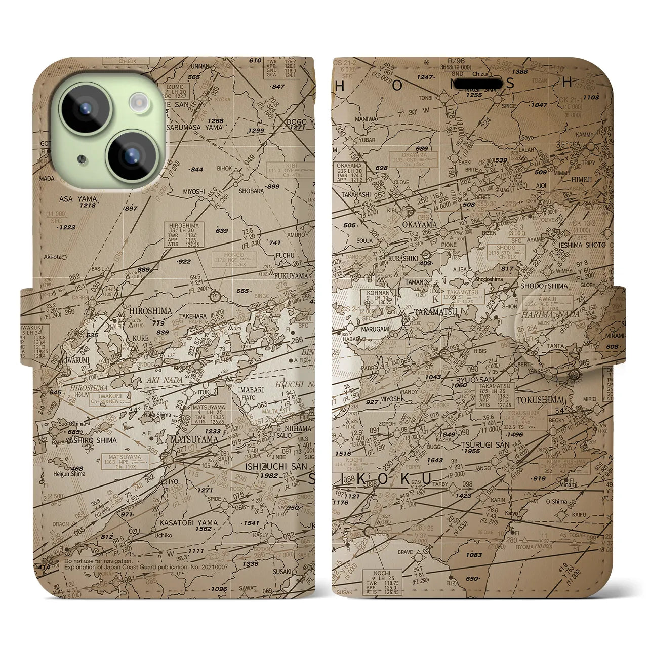 【岡山・高松航空図(岡山県)】航空図iPhoneケース(手帳タイプ)セピア・iPhone 15 用