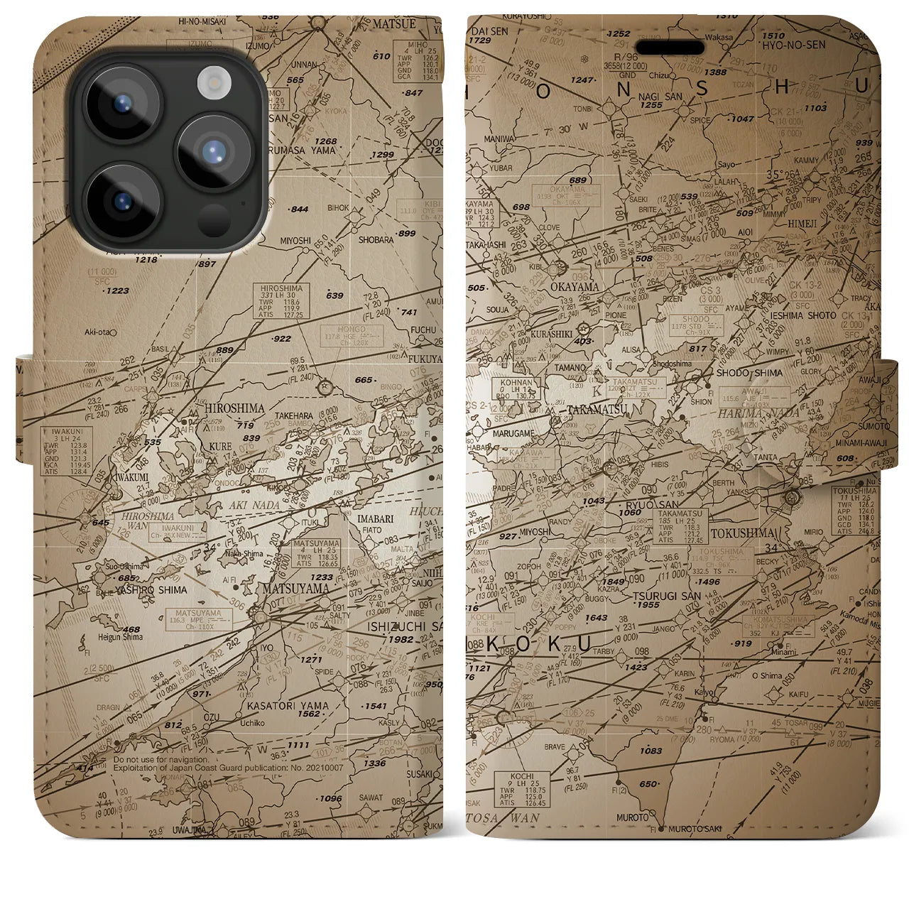 【岡山・高松航空図(岡山県)】航空図iPhoneケース(手帳タイプ)セピア・iPhone 15 Pro Max 用