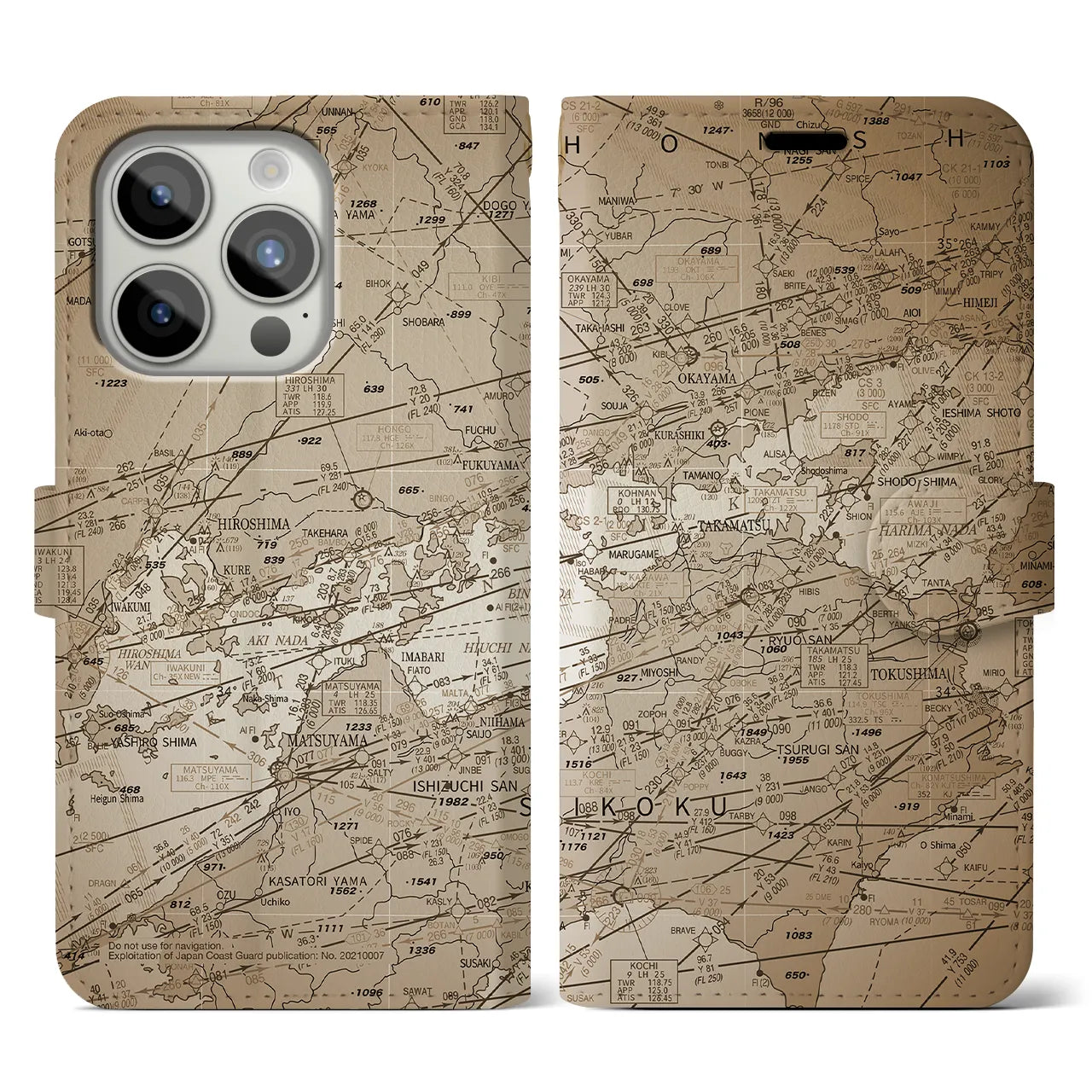 【岡山・高松航空図(岡山県)】航空図iPhoneケース(手帳タイプ)セピア・iPhone 15 Pro 用