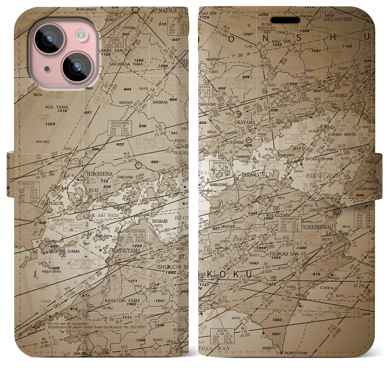 【岡山・高松航空図(岡山県)】航空図iPhoneケース(手帳タイプ)セピア・iPhone 15 Plus 用