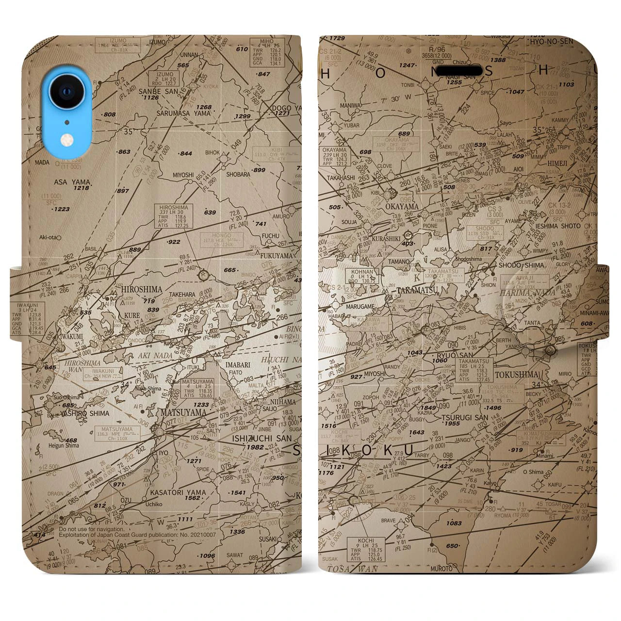 【岡山・高松航空図(岡山県)】航空図iPhoneケース(手帳タイプ)セピア・iPhone XR 用