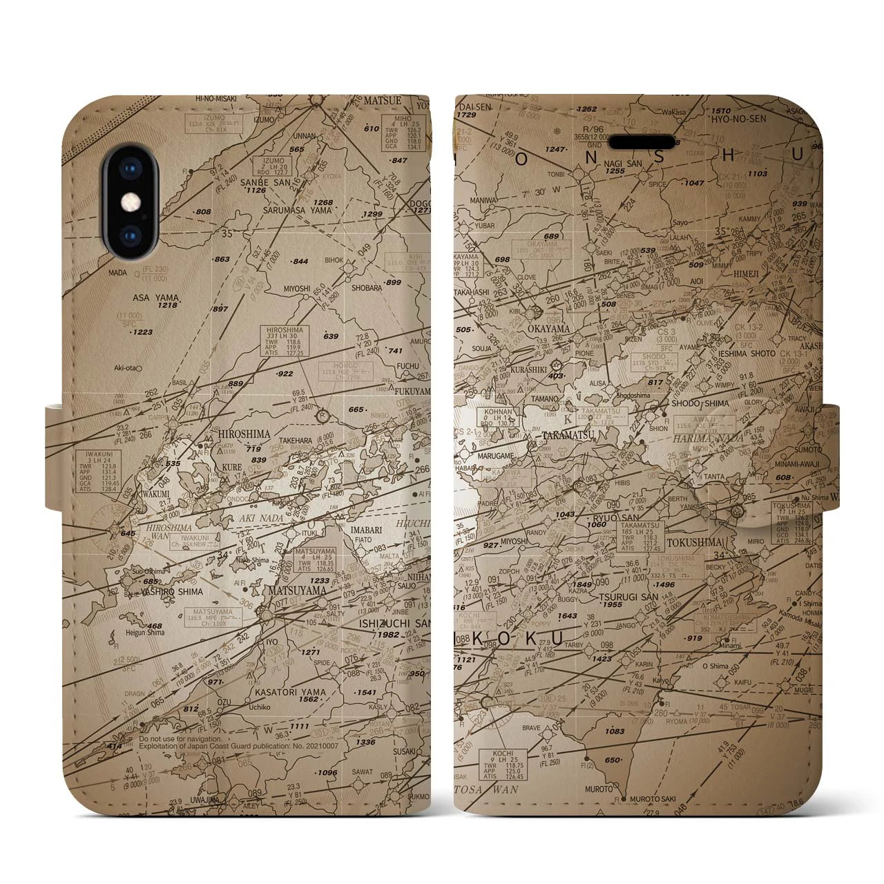 【岡山・高松航空図(岡山県)】航空図iPhoneケース(手帳タイプ)セピア・iPhone XS / X 用