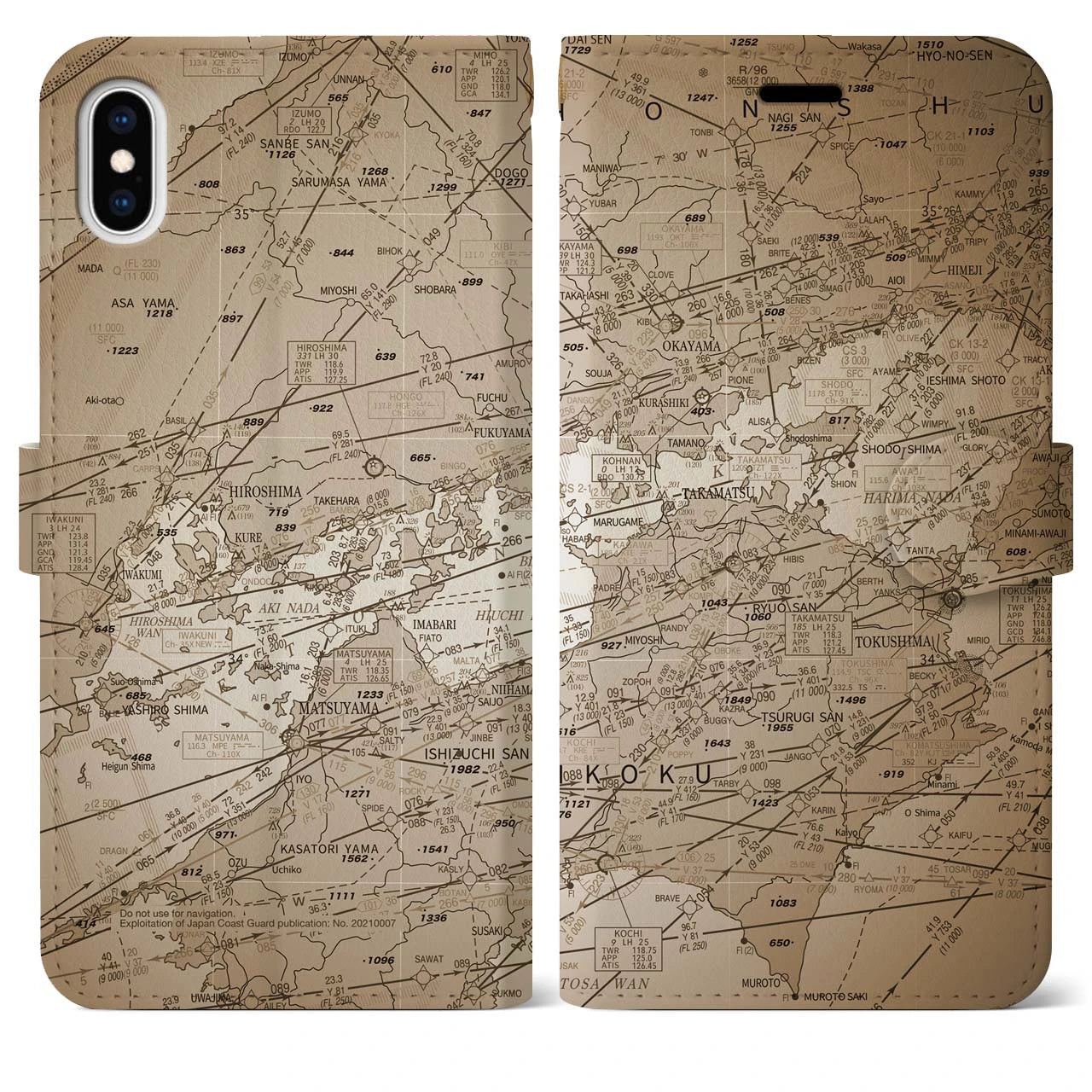 【岡山・高松航空図(岡山県)】航空図iPhoneケース(手帳タイプ)セピア・iPhone XS Max 用